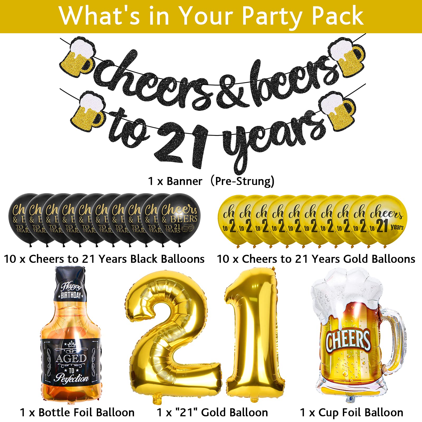 Joymee 21st Birthday Party Decorations - Black & Gold Banner for Women & Men | Happy Birthday Supplies for Boys, Girls, Him & Her | Perfect for 21st Birthday Parties & Wedding Anniversaries