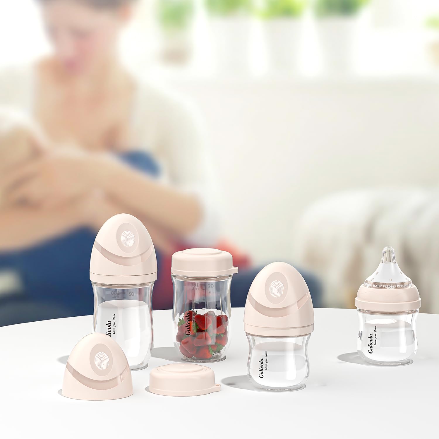 Gulicola 4-Pack Natural Glass Baby Bottles for Newborns, Slow Flow Nipples, 3 oz & 5 oz (Pink) - Safe BPA-Free Feeding Bottles for Breastfeeding and Formula - Perfect for Daycare, Travel, and Home Use