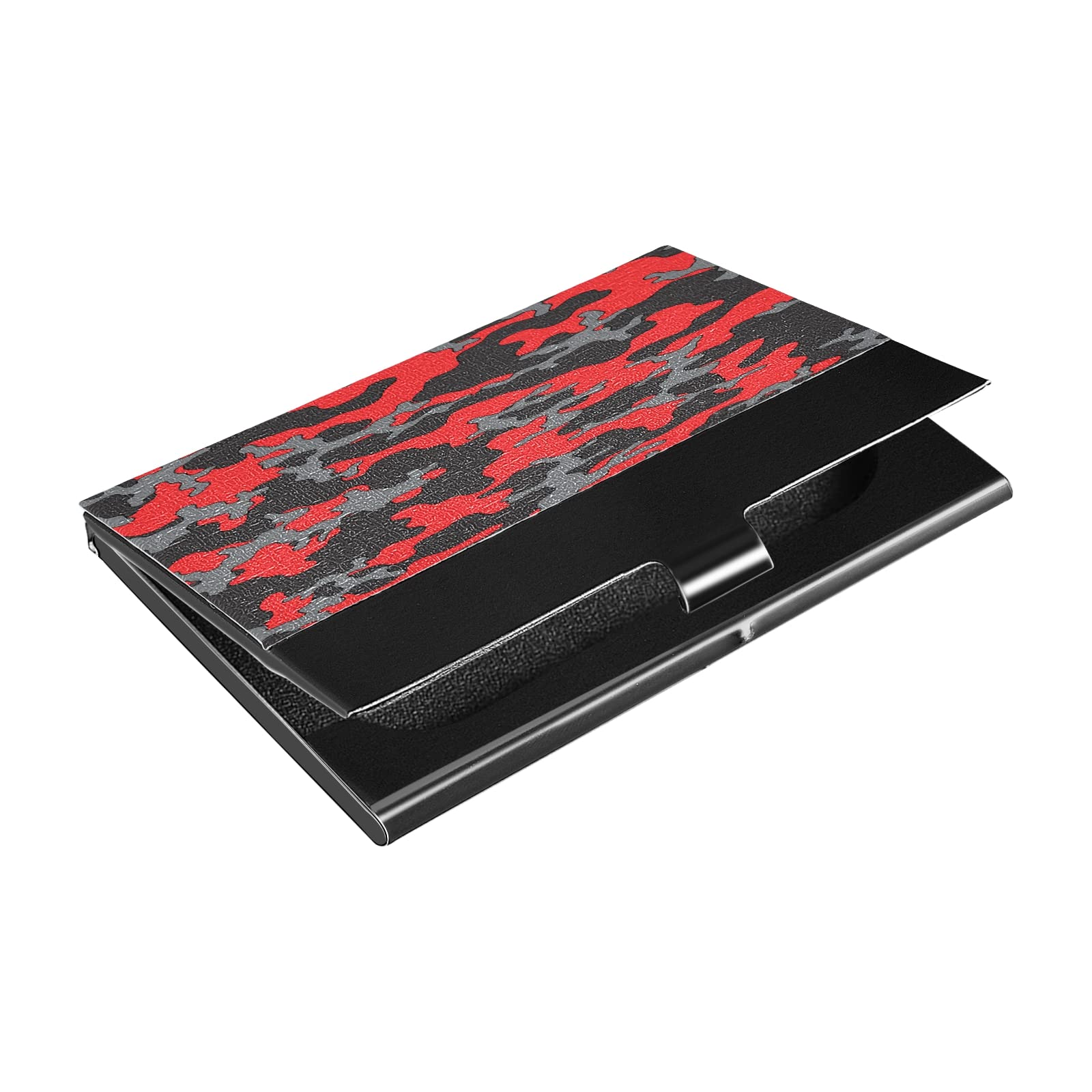 STAYTOP Luxury PU Leather & Stainless Steel Business Card Holder - Red Gray Black Camo Design - Slim Multi Card Case Wallet for Credit Cards, ID, Business Cards - Perfect for Office Professionals, Networking Events & Daily Use (Men & Women)