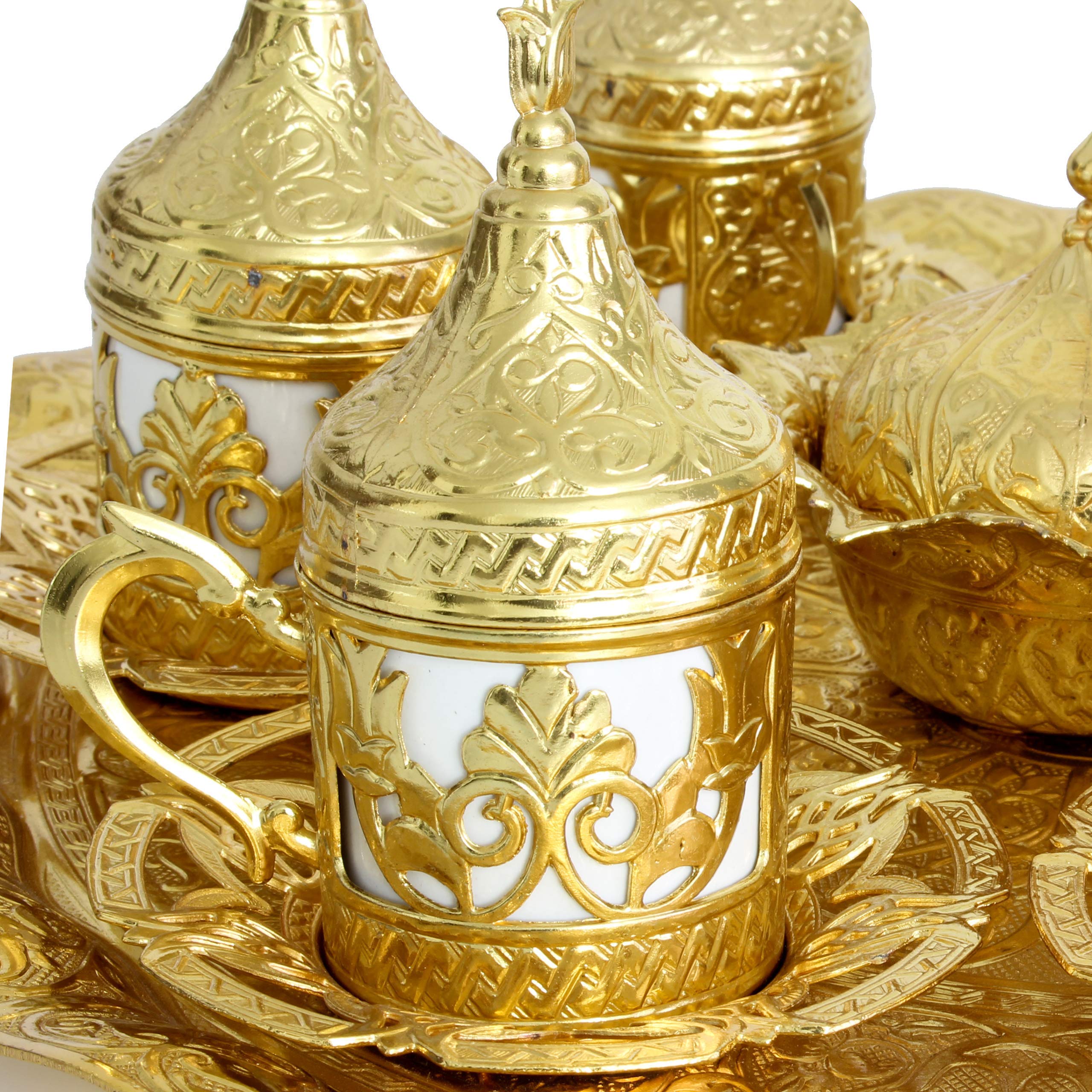 27-Piece Handmade Turkish Coffee Set with Gold Zamak Cups, Saucers, Sugar Bowl & Tray - 6-Person Espresso & Tea Serving Set - Perfect for Home Entertaining, Gift Giving & Traditional Coffee Ceremonies (CS6-203)