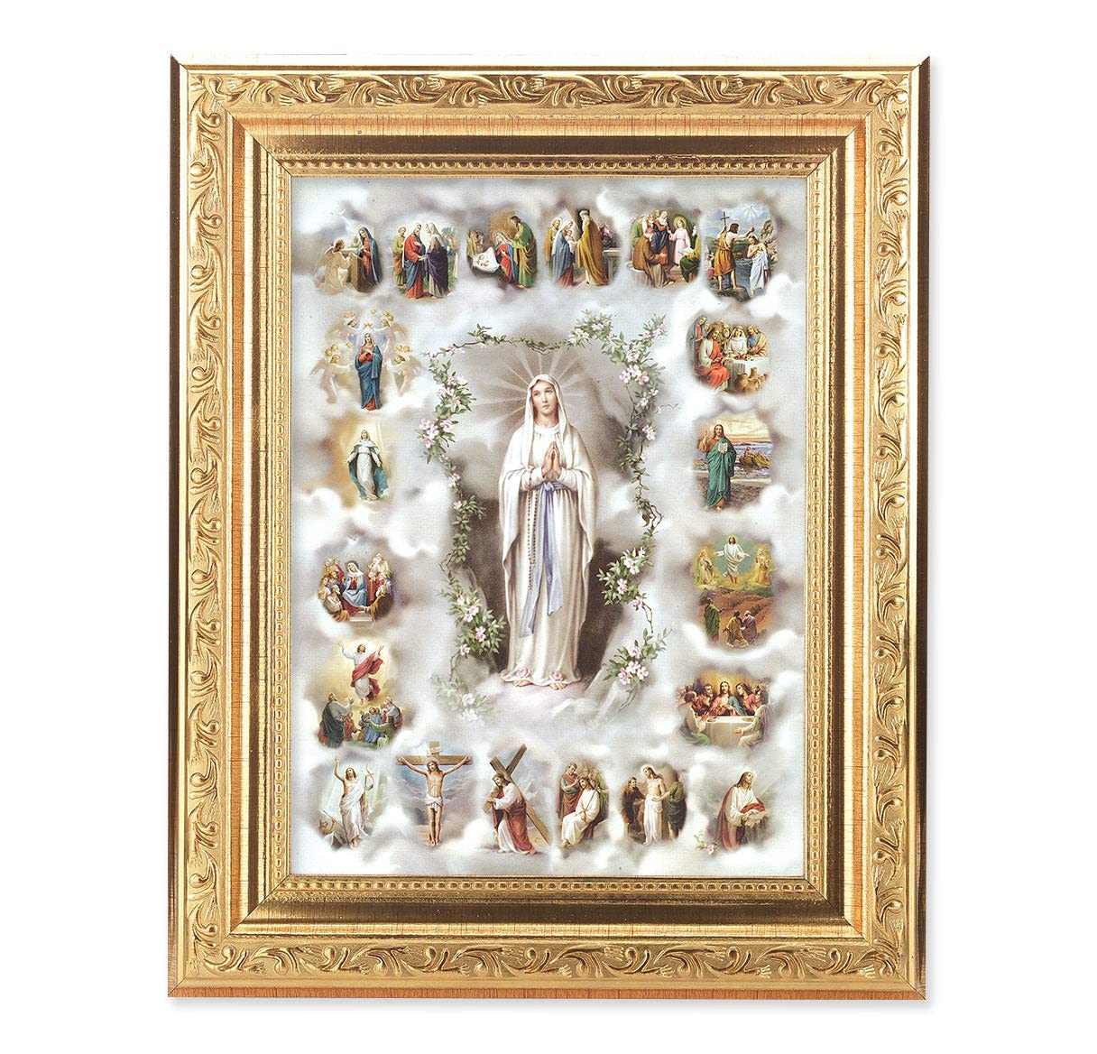 20 Mysteries of the Rosary Framed Wall Art - Gold Leaf Antique Finish with Acanthus Leaf Detail - Catholic Home Decor for Living Room, Bedroom & Prayer Space