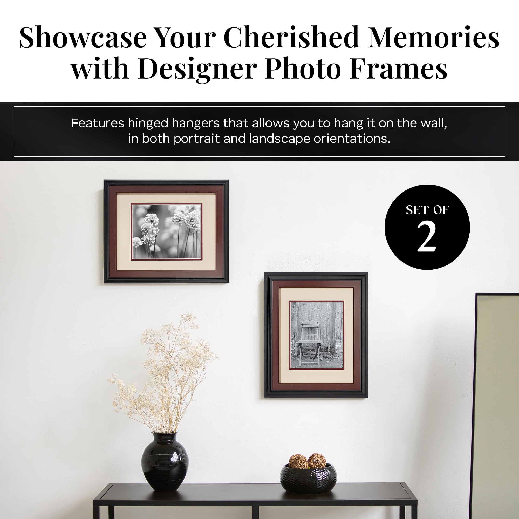 Old Town Designer 11x14 Picture Frames 2 Pack - Walnut Wood Photo Frames with Velour Back & 8x10 Mat for Wall or Desk Decor - Eco-Friendly Recycled EPS & Acrylic Glass - Perfect for Home Office, Living Room & Gift Giving