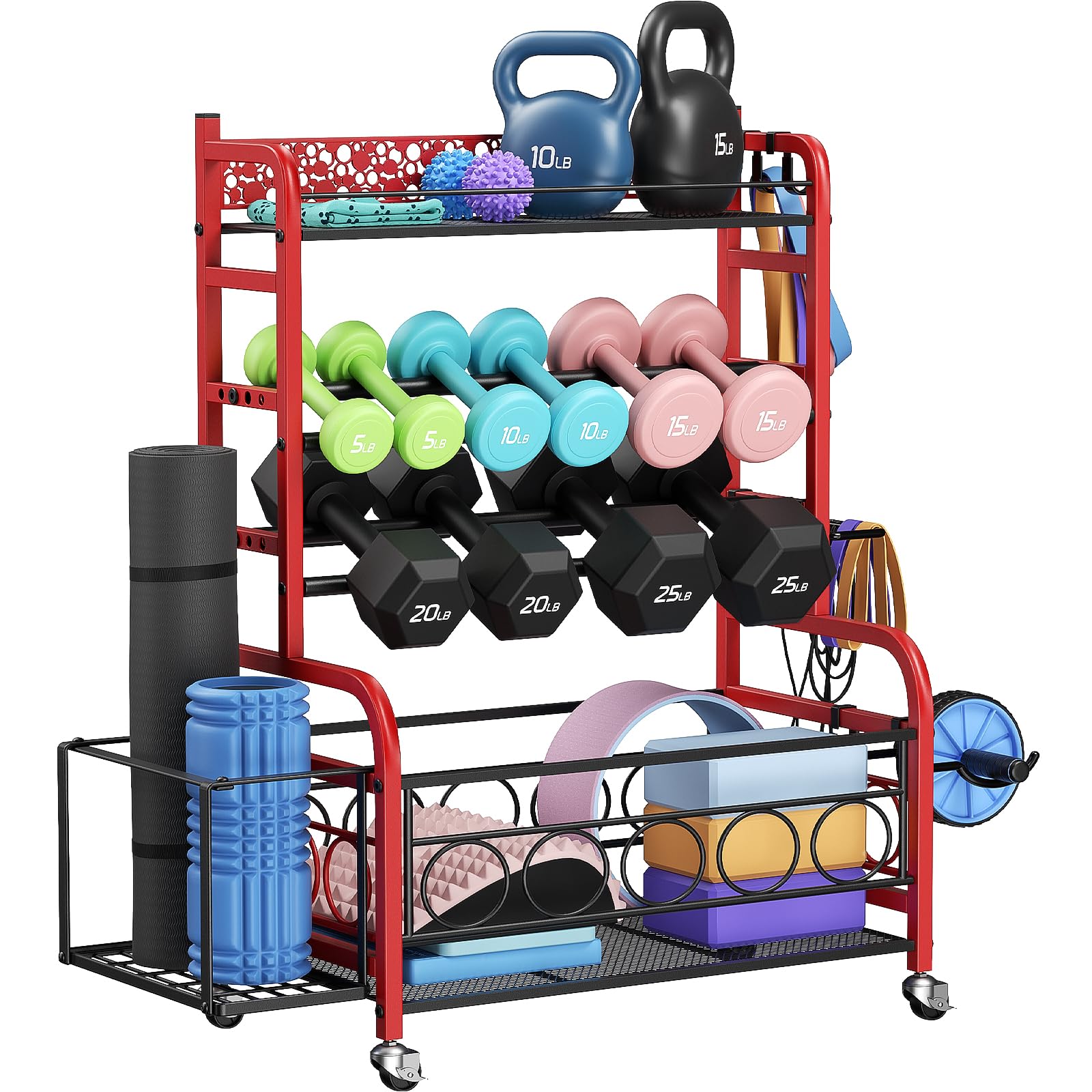 VOPEAK Adjustable Dumbbell Rack with Wheels - Heavy Duty Home Gym Storage Organizer for Dumbbells, Kettlebells & Yoga Mats - Perfect for Strength Training Equipment & Small Space Workout Areas - Ideal for Home Gym, Garage Fitness & Yoga Studio Organization