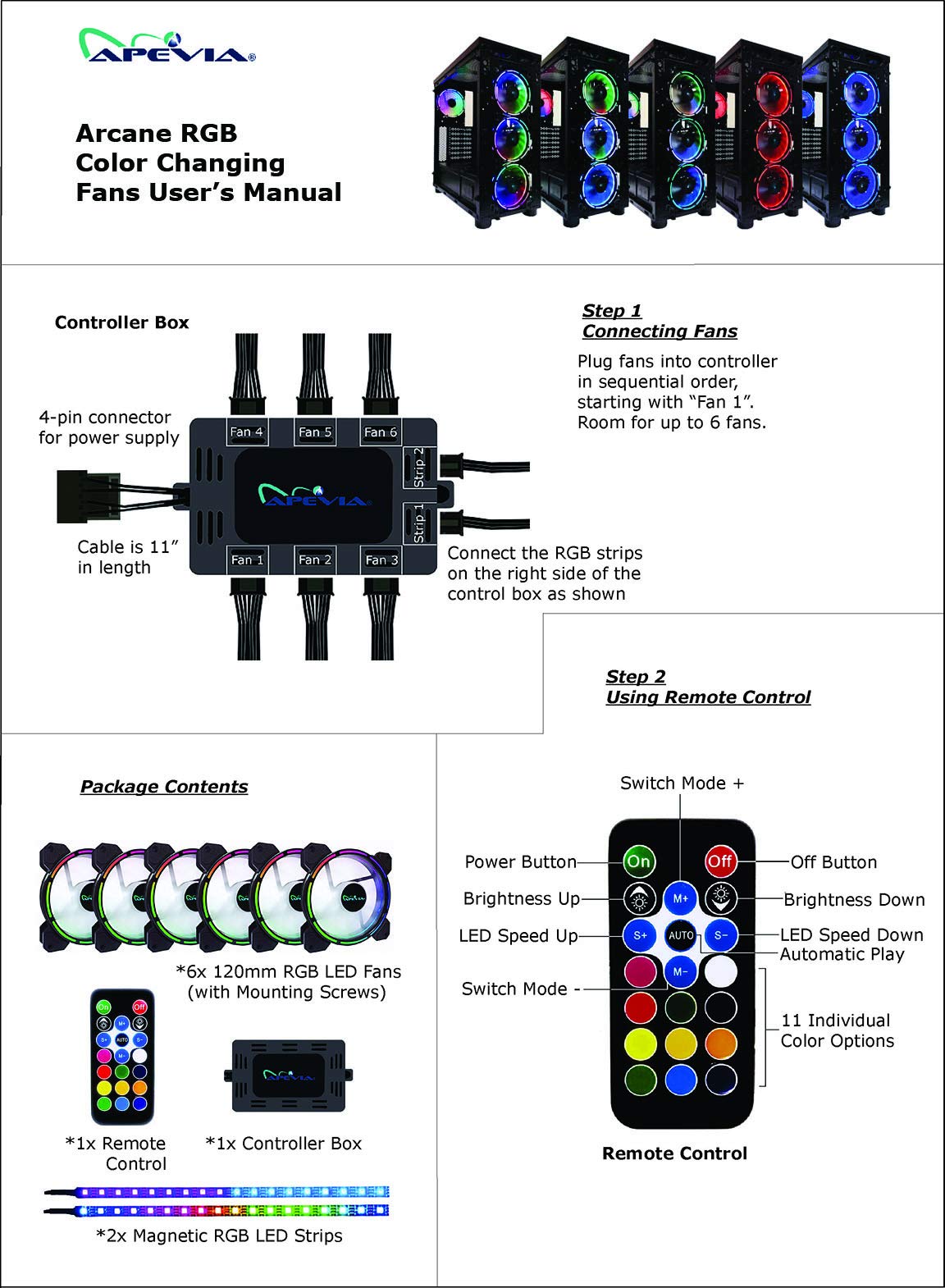 Apevia AC62-RGB Arcane 120mm Silent RGB LED Fan with Remote Control - 16 Color Changing LEDs, 8 Anti-Vibration Pads & 2 Magnetic LED Strips (6+2 Pack) - Perfect for PC Gaming, Case Cooling & Custom RGB Lighting Setups