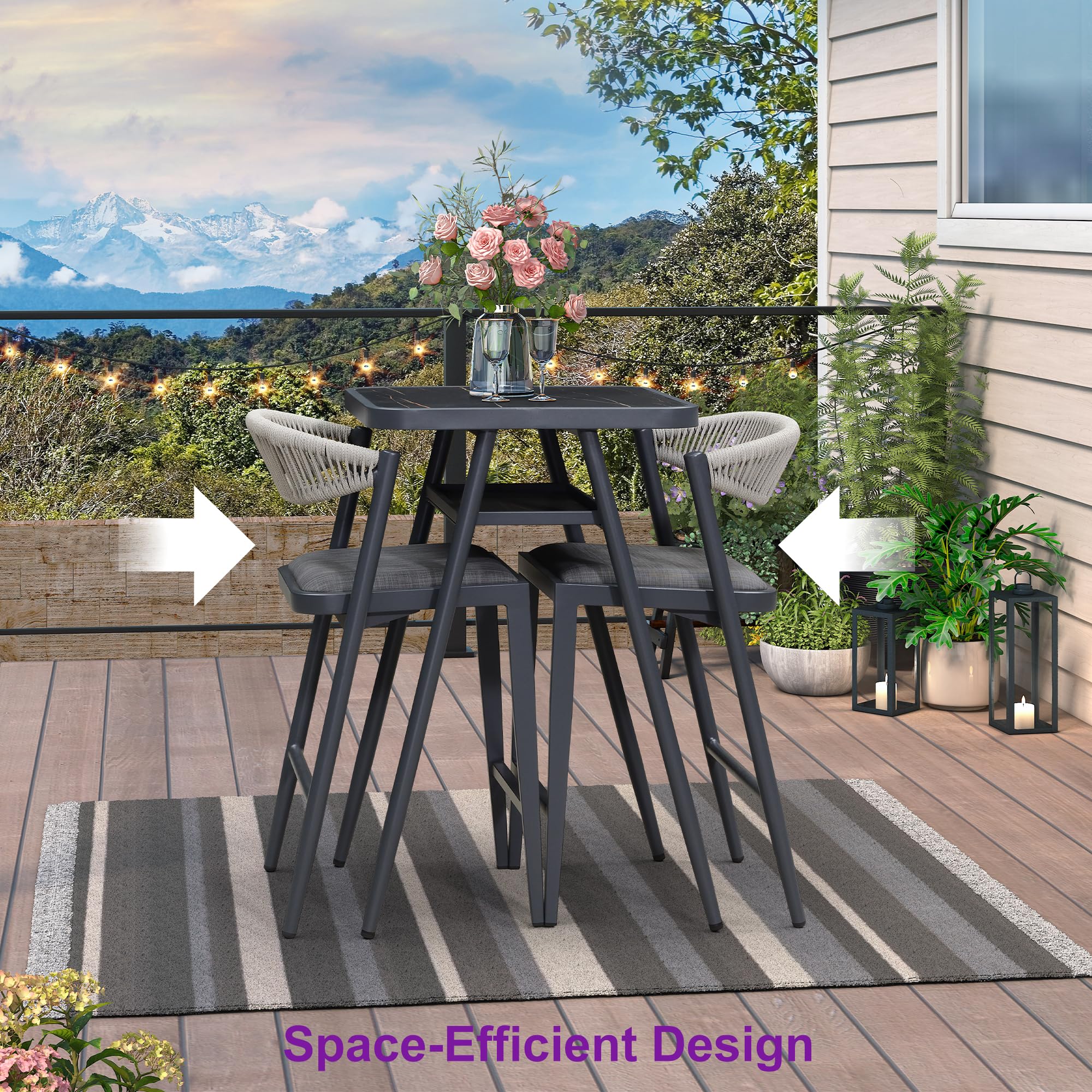 PURPLE LEAF 3-Piece Outdoor Counter Height Bar Set - Modern Rattan Bar Stools & Table for Patio, Kitchen Island - Indoor/Outdoor Use - Dark Grey - Perfect for Backyard Entertaining & Outdoor Dining