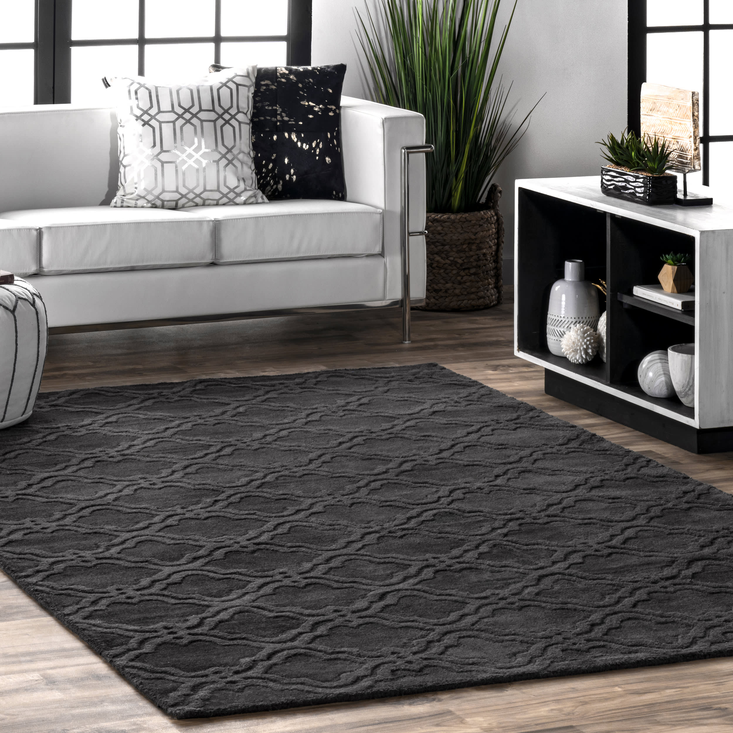 Handmade Double Carved Trellis Area Rug in Charcoal - Boho Chic Living Room Decor, Bedroom Carpet for Cozy Home & Office Spaces