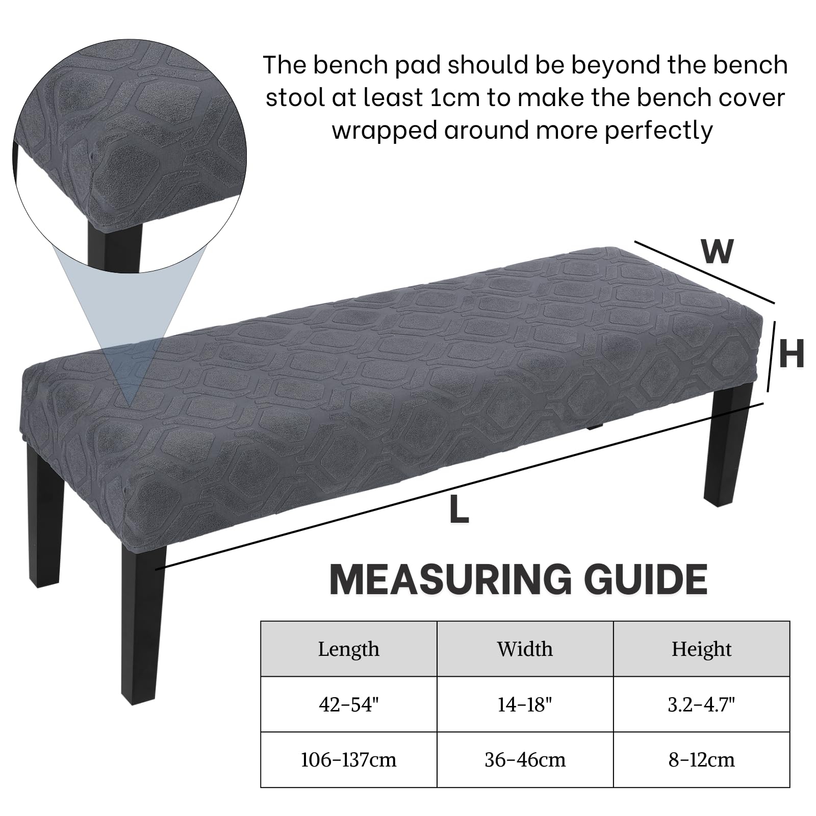 Stretch Washable Dining Bench Cover - Rectangle Bench Seat Slipcover for Dining Room, Living Room & Kitchen - Hexagon Jacquard Grey - Perfect for Home Decor & Furniture Protection