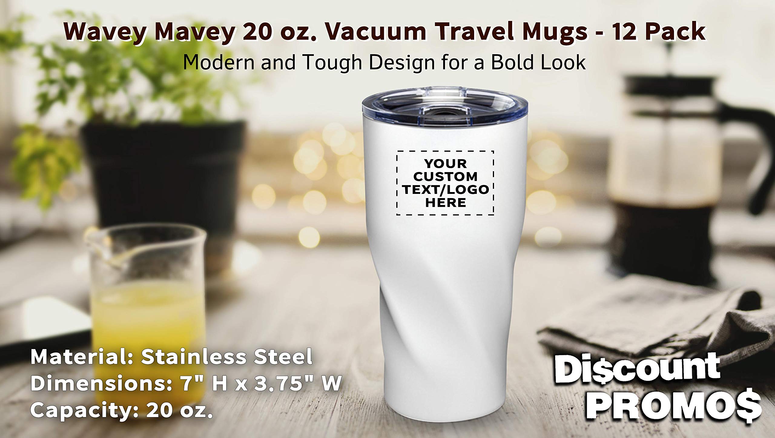 Custom 20 oz. Vacuum Insulated Travel Mugs - 12 Pack Personalized with Text & Logo - White - Perfect for Corporate Gifts, Promotional Events & Outdoor Adventures