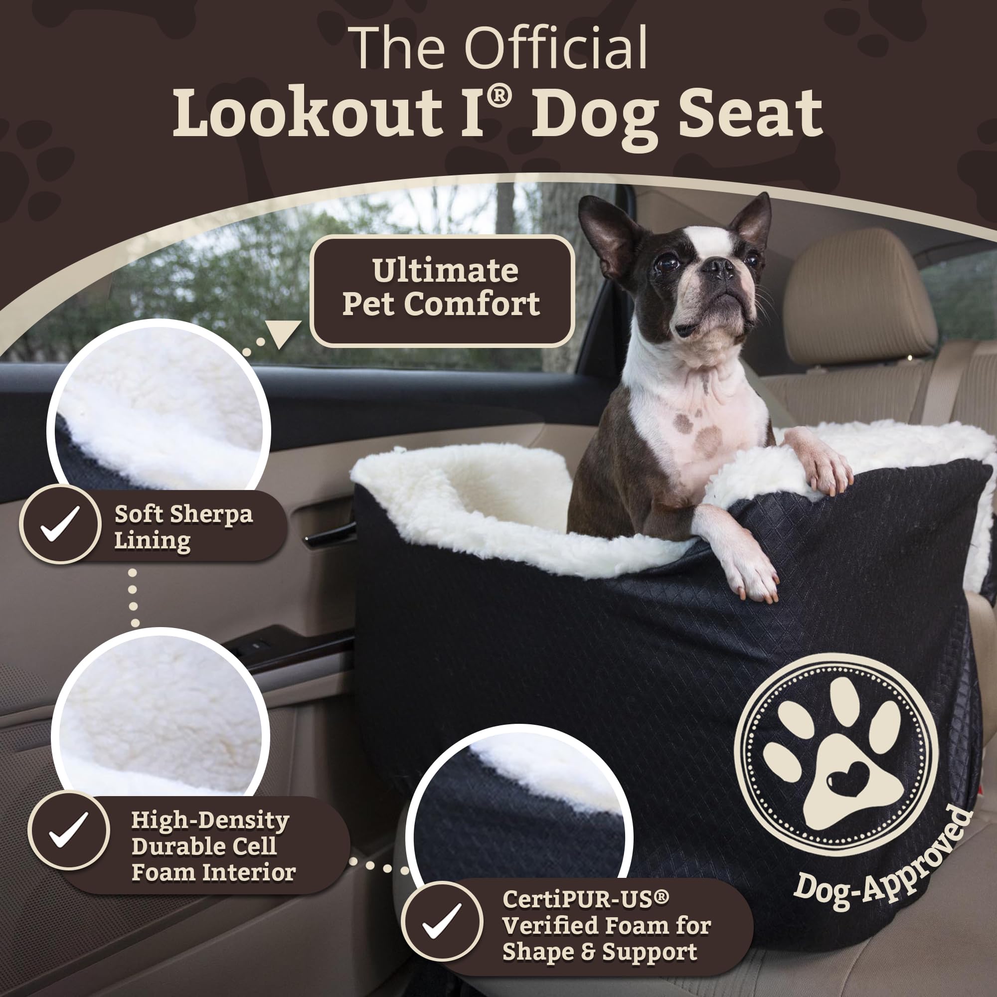 Snoozer Lookout I Dog Booster Car Seat for Small Dogs Under 25lbs - Medium Size Black Diamond Pet Car Seat to Prevent Motion Sickness - Removable Washable Cover - Perfect for Road Trips and Vet Visits