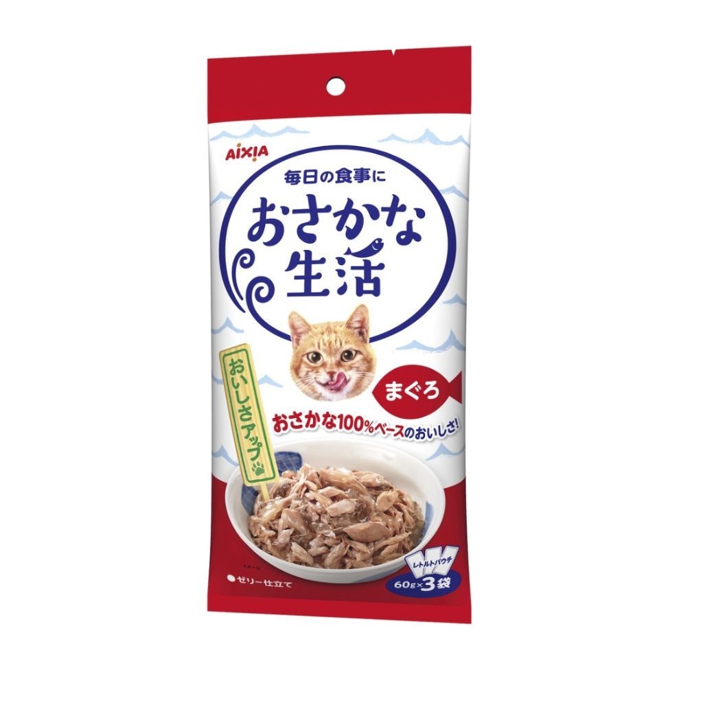 24-Pack Aixia Fish & Meat Life Wet Cat Food - 60g x 3 Skipjack Tuna, White Meat with Jelly, Chicken & Beef Formula - High Protein Meal for Adult & Senior Cats - Perfect for Picky Eaters & Daily Feeding