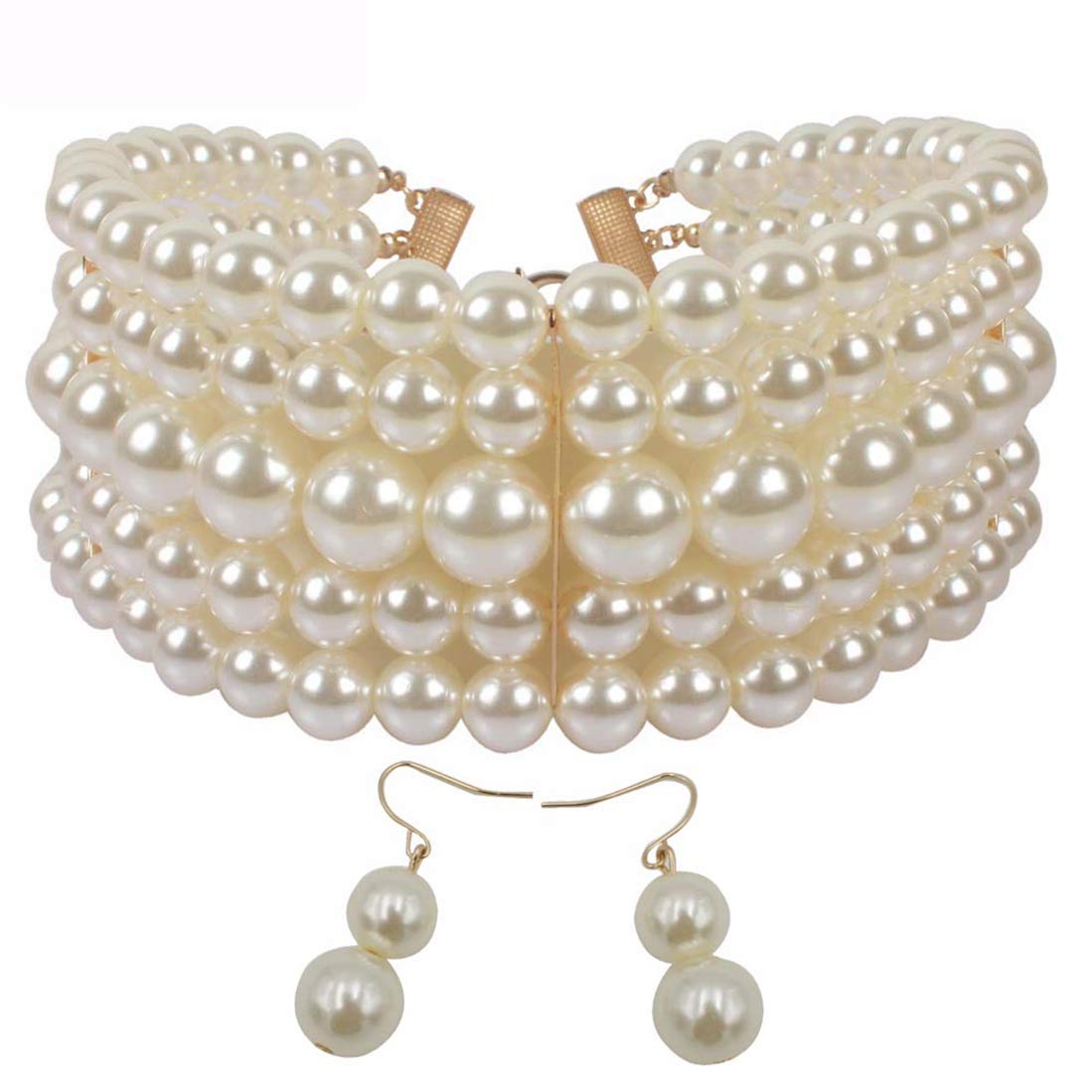 Ufraky Women's Fashion Statement Collar Choker Necklace - Cream White Faux Pearl Layered Strand Costume Jewelry for Parties, Weddings & Evening Events