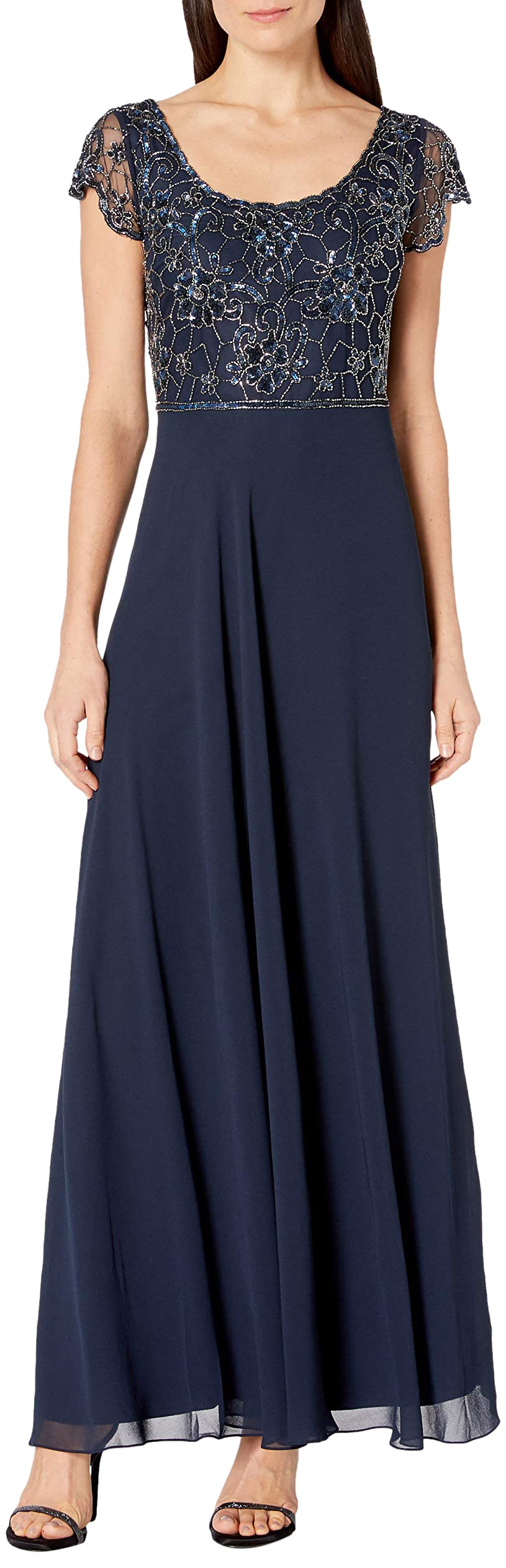 J Kara Women's Petite Long Dress with Flutter Sleeve - Elegant Flowy Maxi Dress for Casual Wear, Parties & Special Occasions