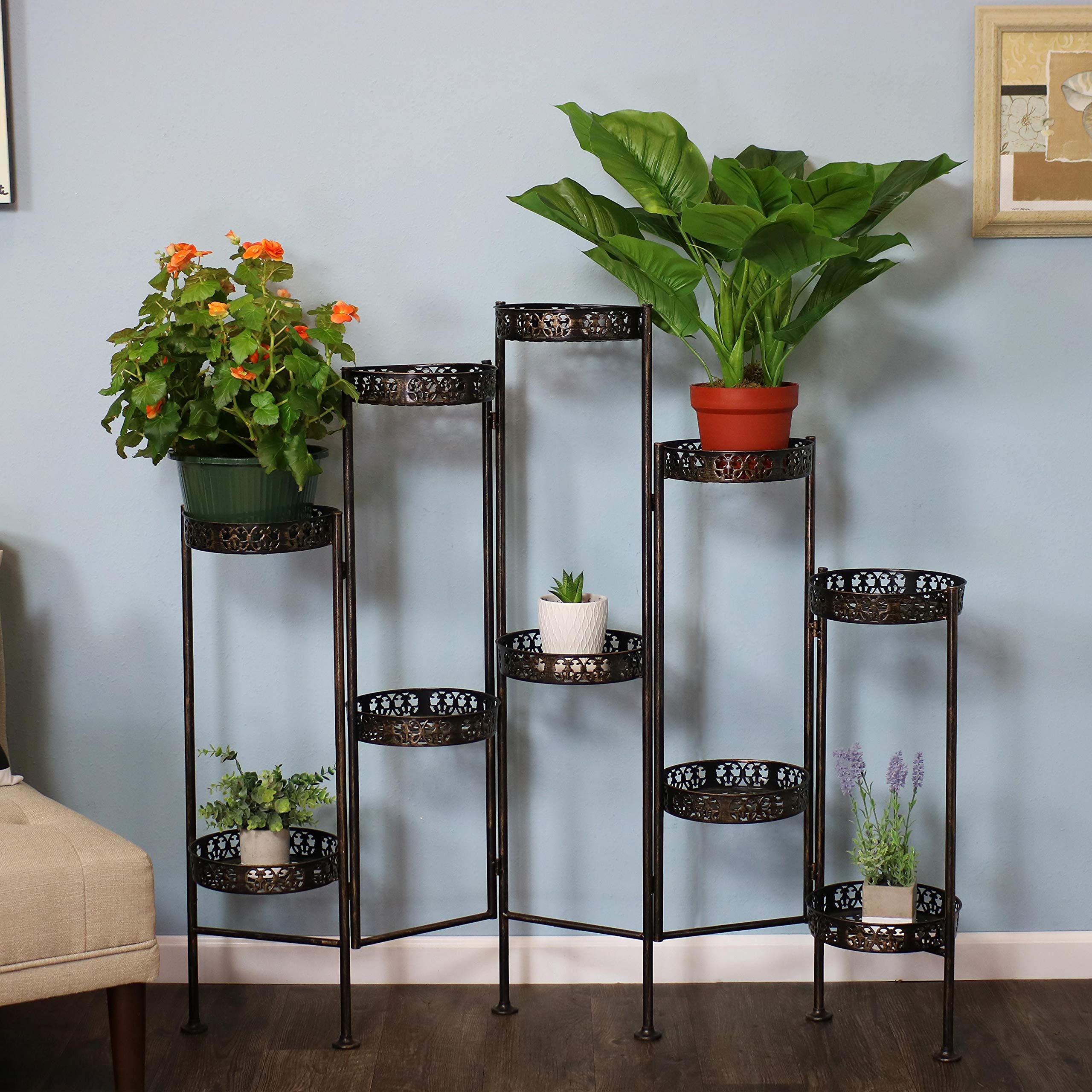 46-Inch 10-Tier Steel Indoor Outdoor Folding Plant Stand with Bronze Finish - Perfect for Balcony, Garden, Patio & Home Decor