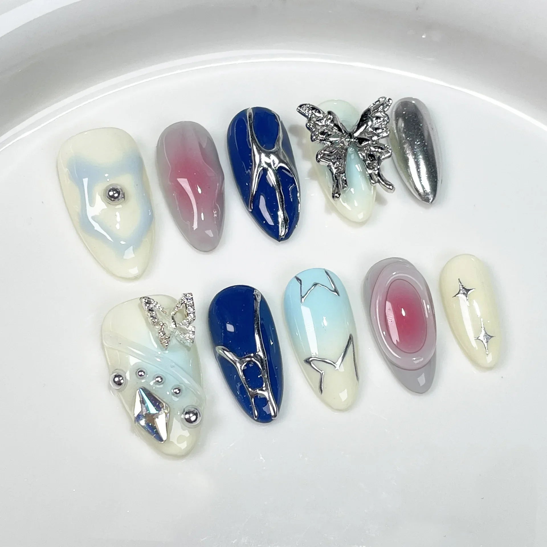 10Pcs Blue Handmade Almond Press on Nails - French Design with Rhinestones & Glitter | Full Cover Fake Nail Tips for Manicure | Perfect for Parties, Weddings, and Special Occasions