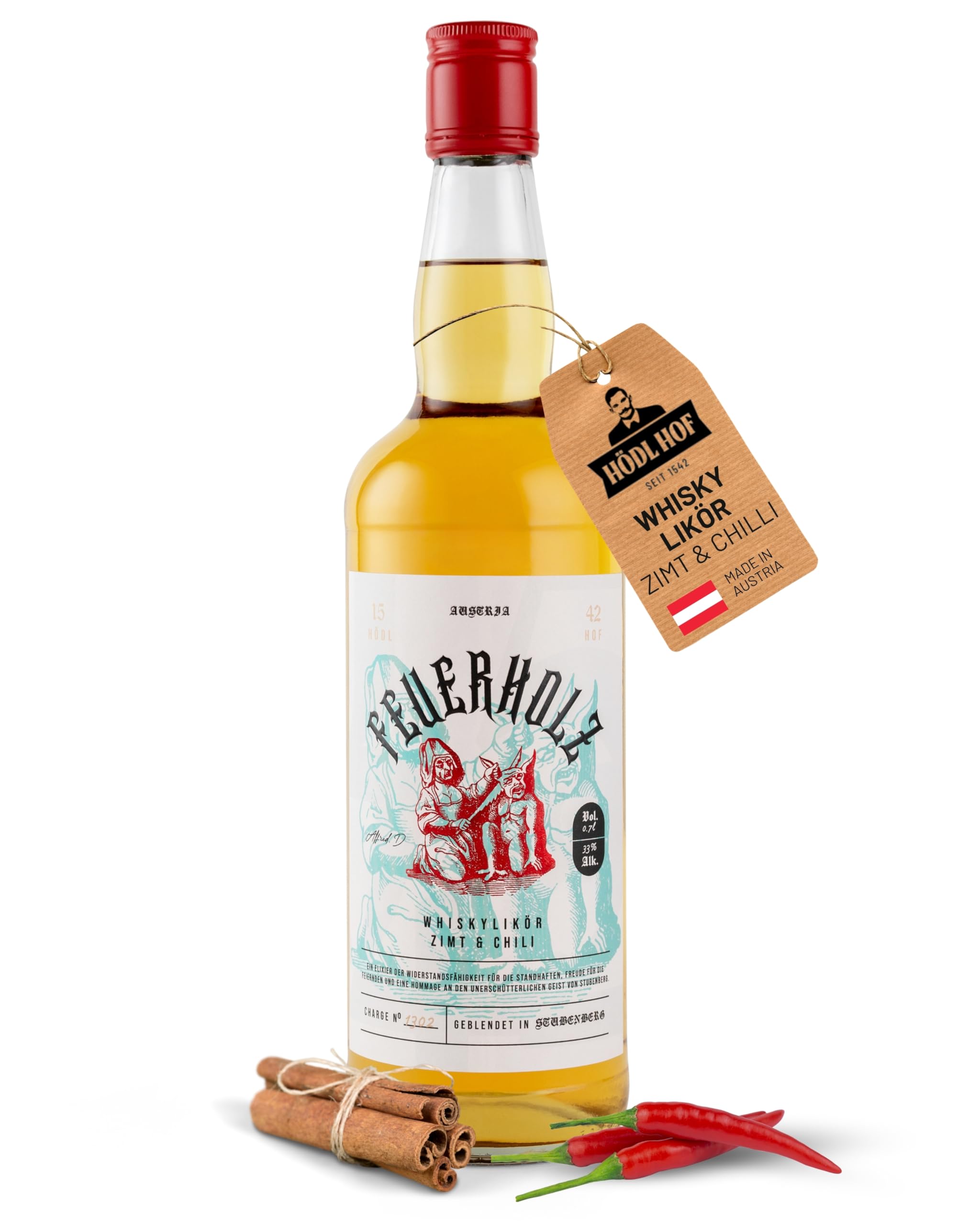 Premium Hödl Hof Feuerholz Whisky Liqueur 0.7L - High-Quality Cinnamon & Chili Flavored Whiskey Liqueur - 33% Alcohol - Perfect Gift for Whiskey Lovers - Spicy Cinnamon Chili Liqueur for Cocktails, After-Dinner Drinks & Special Occasions