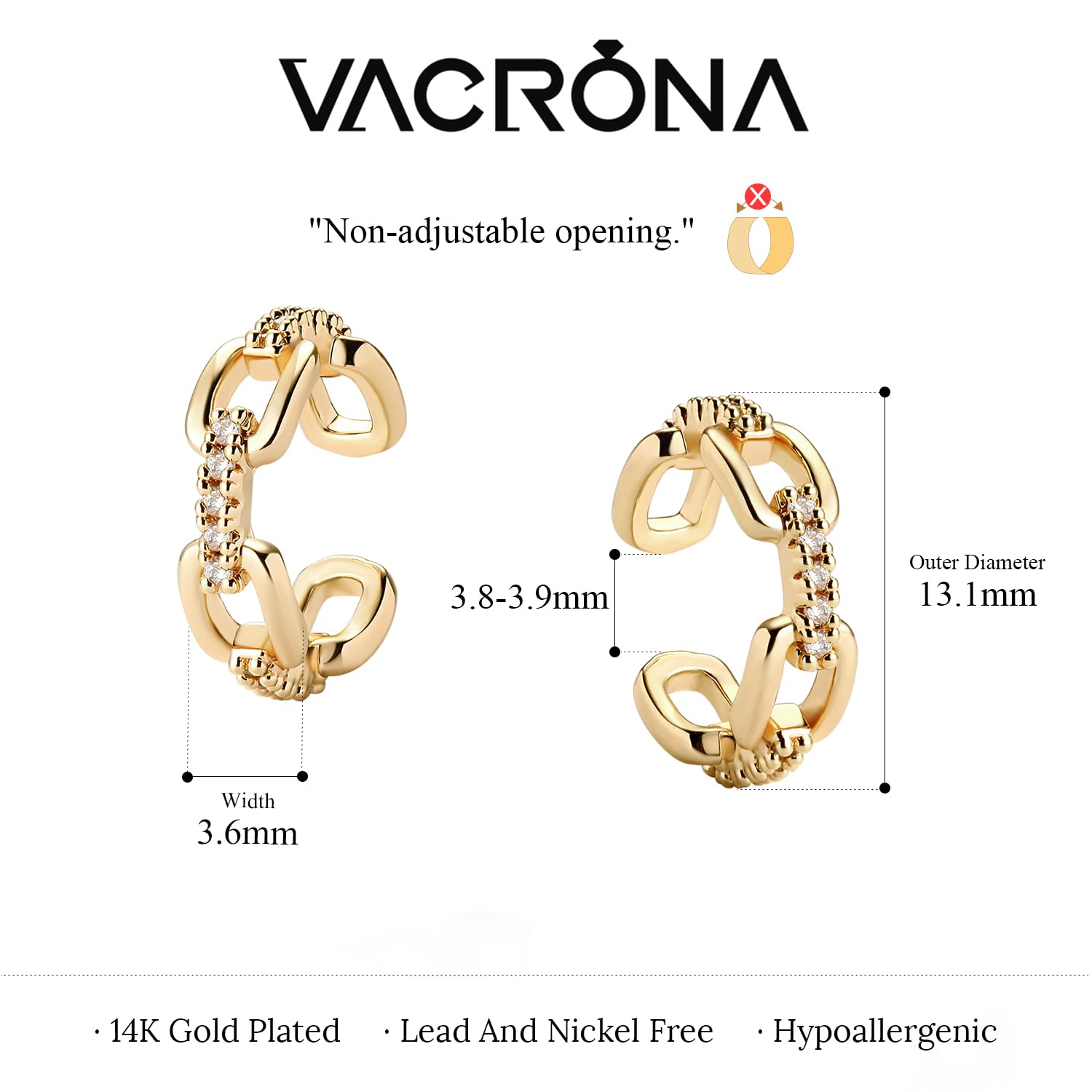 VACRONA 14K Gold Plated Cubic Zirconia Ear Cuff - Hypoallergenic Non-Pierced Helix Wrap Earrings for Women | Sparkling Round Cuff Jewelry Gift for Birthday, Anniversary & Special Occasions