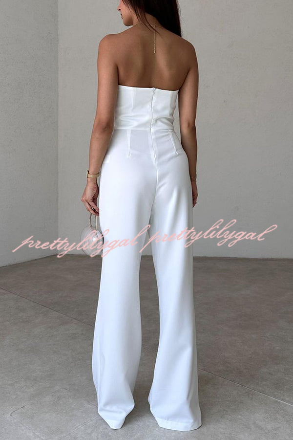 Solid Color Sexy Tube Top Gold Button Embellished Bootcut Jumpsuit for Women | Elegant One-Piece Romper with Metallic Accents | Perfect for Night Out, Party & Special Occasions