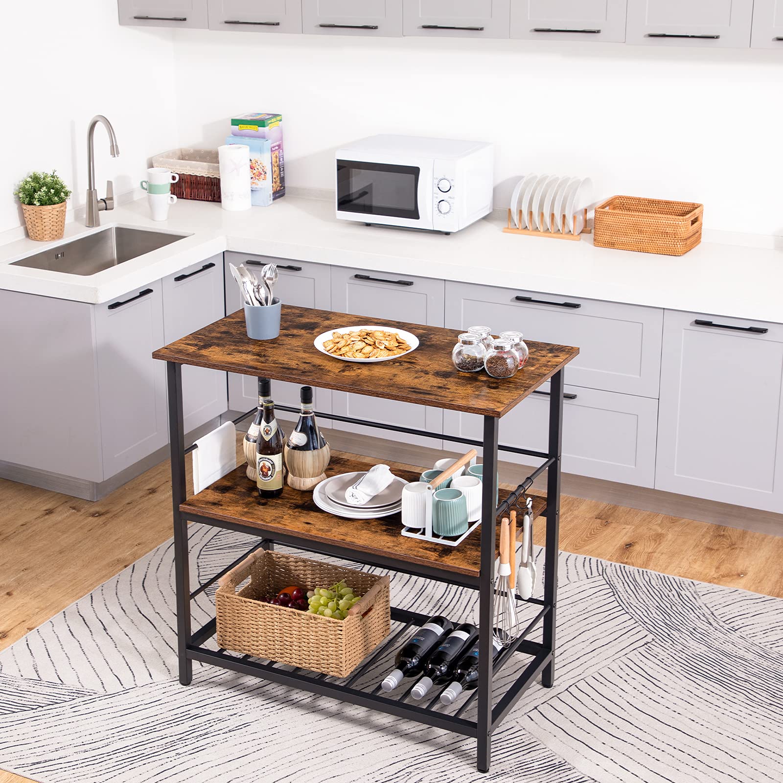 HOOBRO Rustic Brown Kitchen Island with Wine Rack - Industrial Style 3-Tier Kitchen Cart with Hooks, Protective Rails & Large Workstation - Easy Assembly for Small Spaces, Dining Rooms & Home Bars