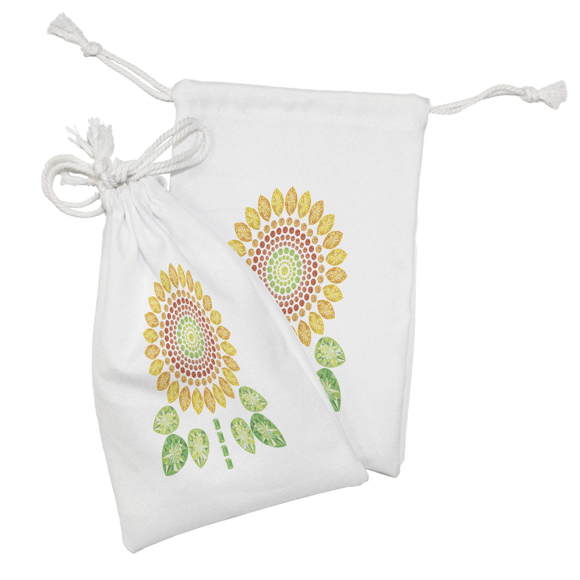 Ambesonne Sunflower Fabric Pouch Set of 2 - Round Flower Mandala Design with Diamond & Pearl Print - Small Drawstring Bags for Toiletries, Masks, Jewelry & Party Favors (9