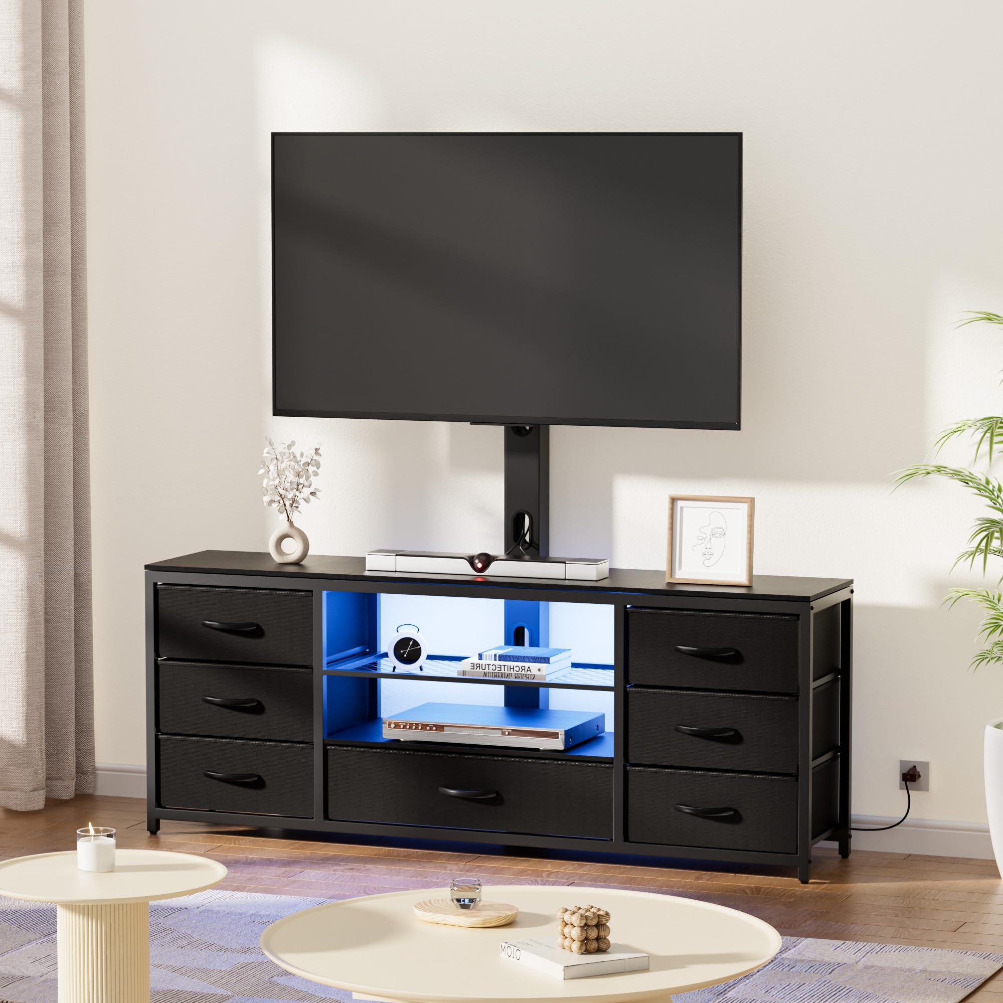 TV Stand with Mount & 7 Fabric Drawers - LED Entertainment Center with Power Outlets for 32-70 Inch TVs - Black Media Console with Open Shelves - Perfect for Living Room & Bedroom - Ideal for Gaming, Movie Nights & Home Entertainment