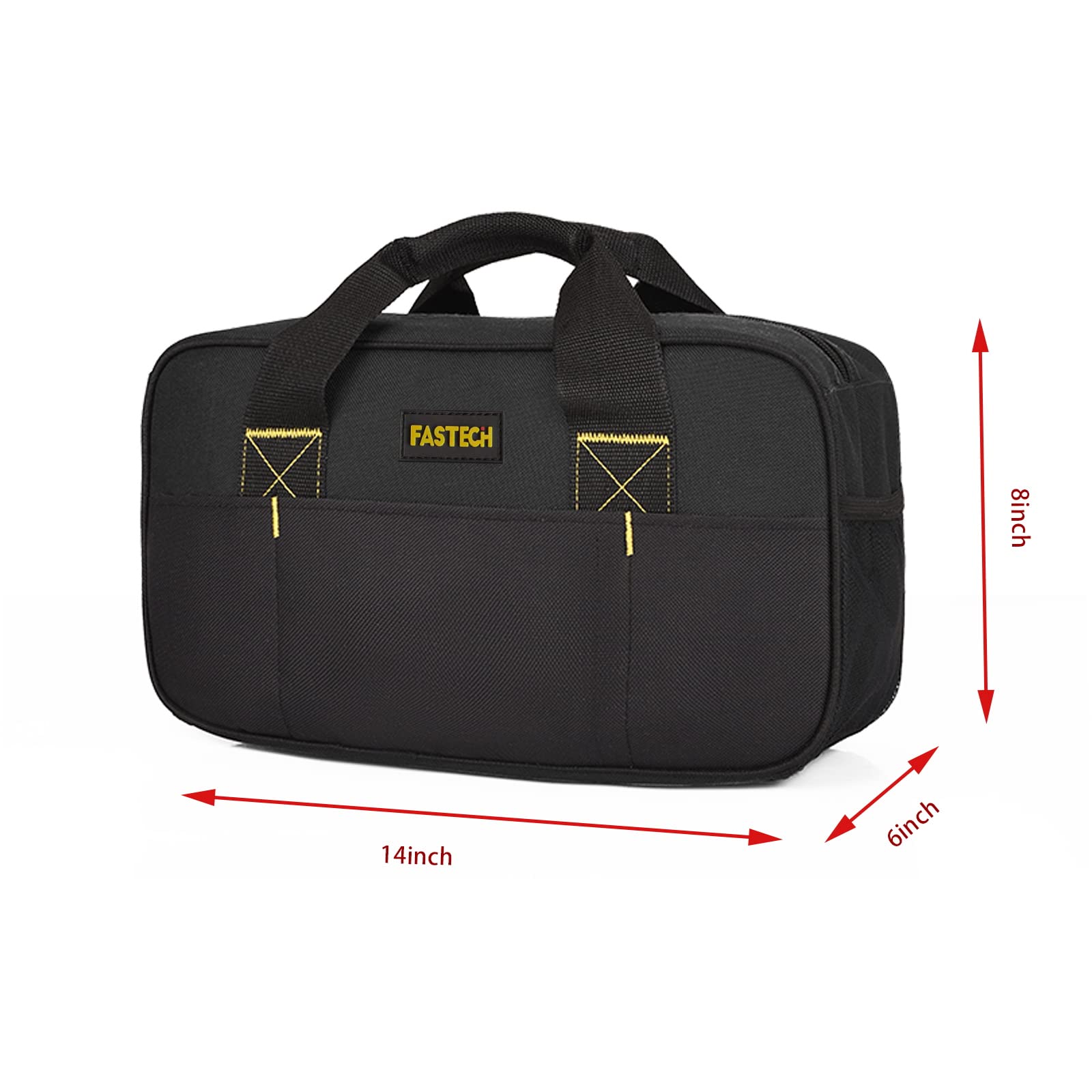 14 Inch Small Tool Bag - Waterproof Wide Mouth Electrician's Tote with Double Fabric Storage (Black+Blue) | Perfect for Electricians, Repairmen & DIY Home Improvement Projects