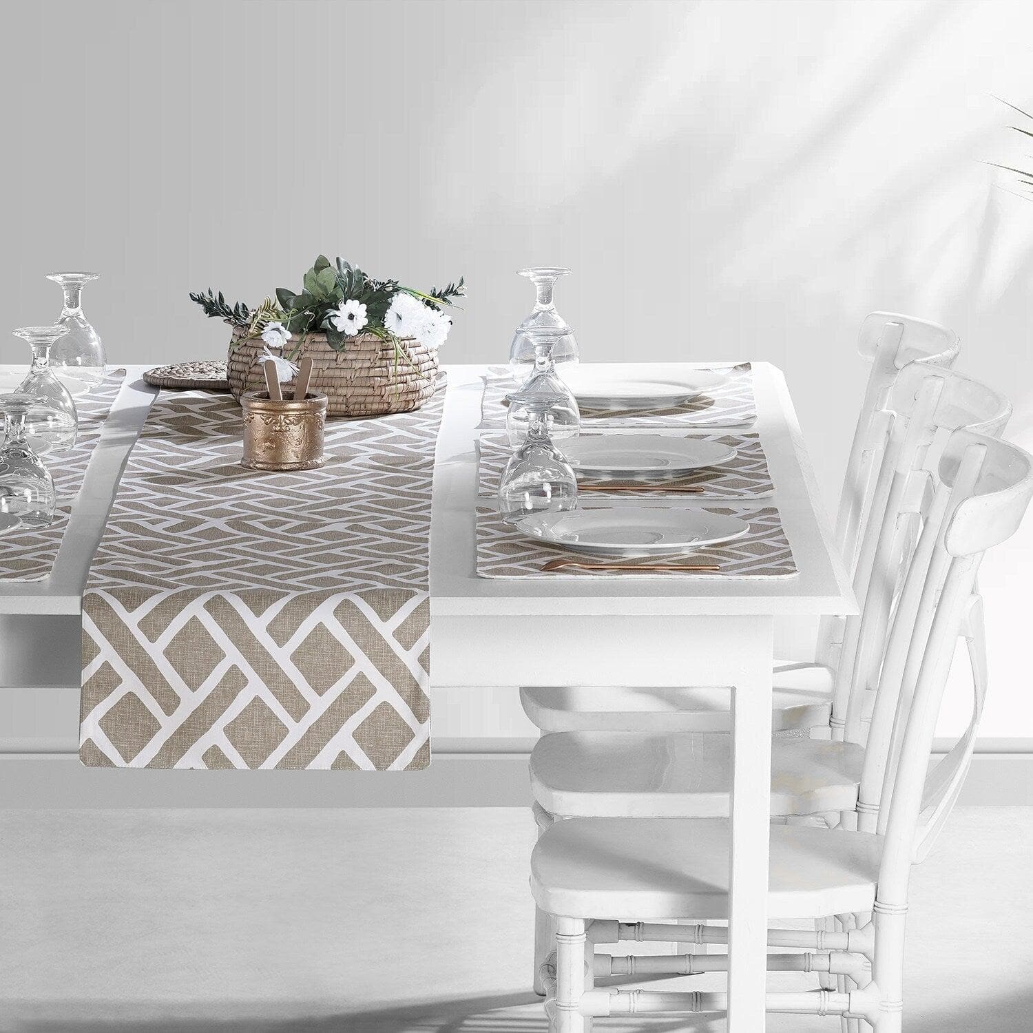 Martinique Taupe Geometric Printed Cotton Table Runner & Placemats Set - Elegant Dining Decor for Thanksgiving, Christmas & Dinner Parties
