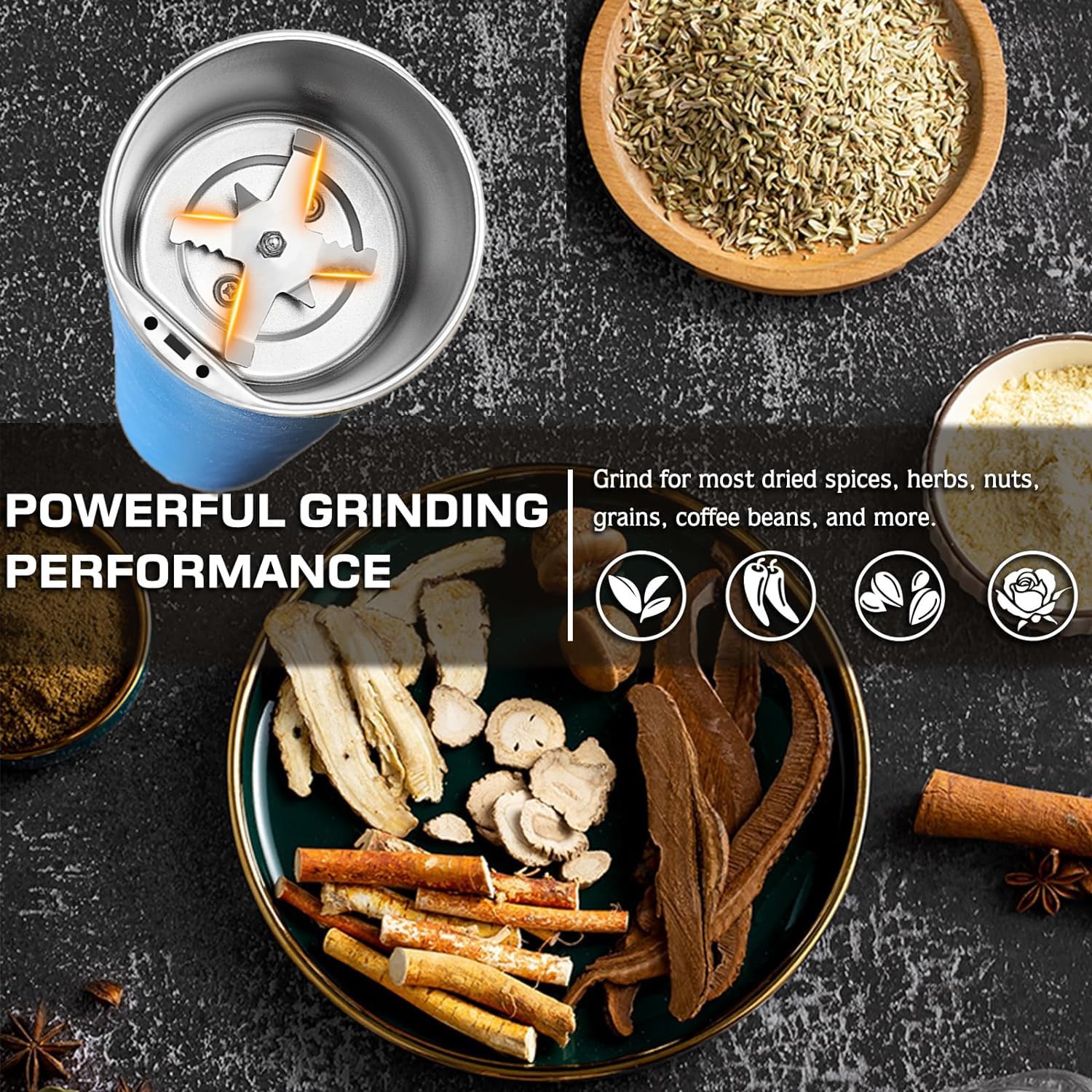200W Electric Herb Grinder - Powerful & Fast Spice Grinder for Dry Herbs, Coffee Beans, Nuts & Grains - One-Touch Operation with Cleaning Brush - Perfect for Kitchen, Baking & Coffee Brewing