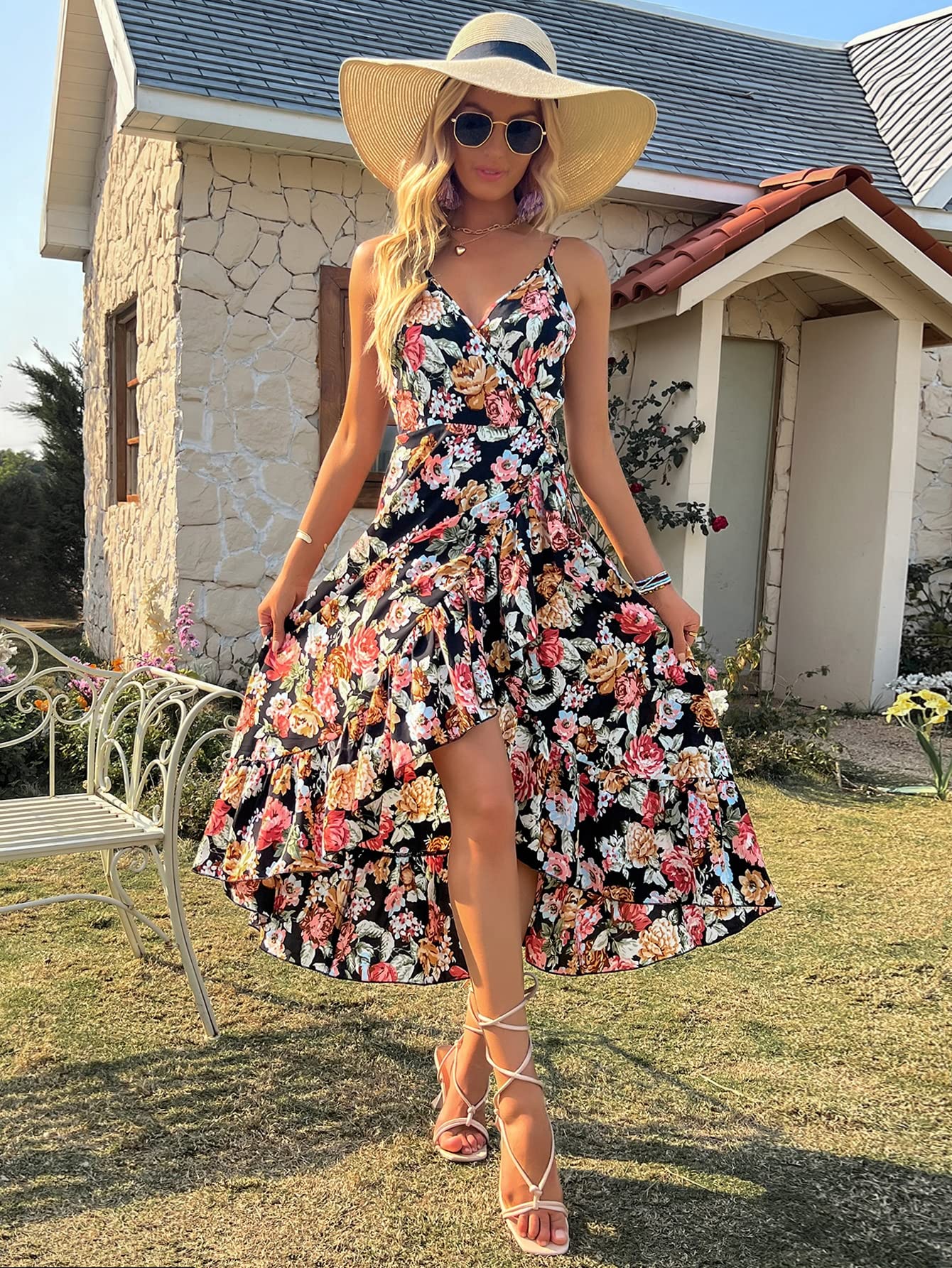 JANXLE Women's Floral Print Wrap Dress with Ruffle Trim & Tie Side - Small | Summer Casual, Beach Vacation, Party Outfit