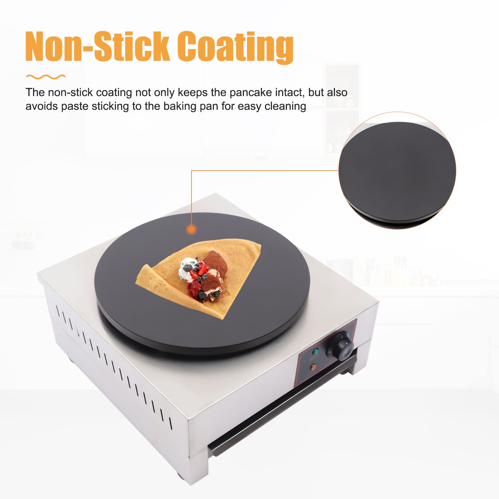 16 Inch Commercial Electric Crepe Maker - 1700W Nonstick Round Hotplate Griddle Machine with Adjustable Temperature for Pancakes, Blintzes, Eggs & Tortillas - Perfect for Restaurants, Cafes & Home Breakfast Cooking