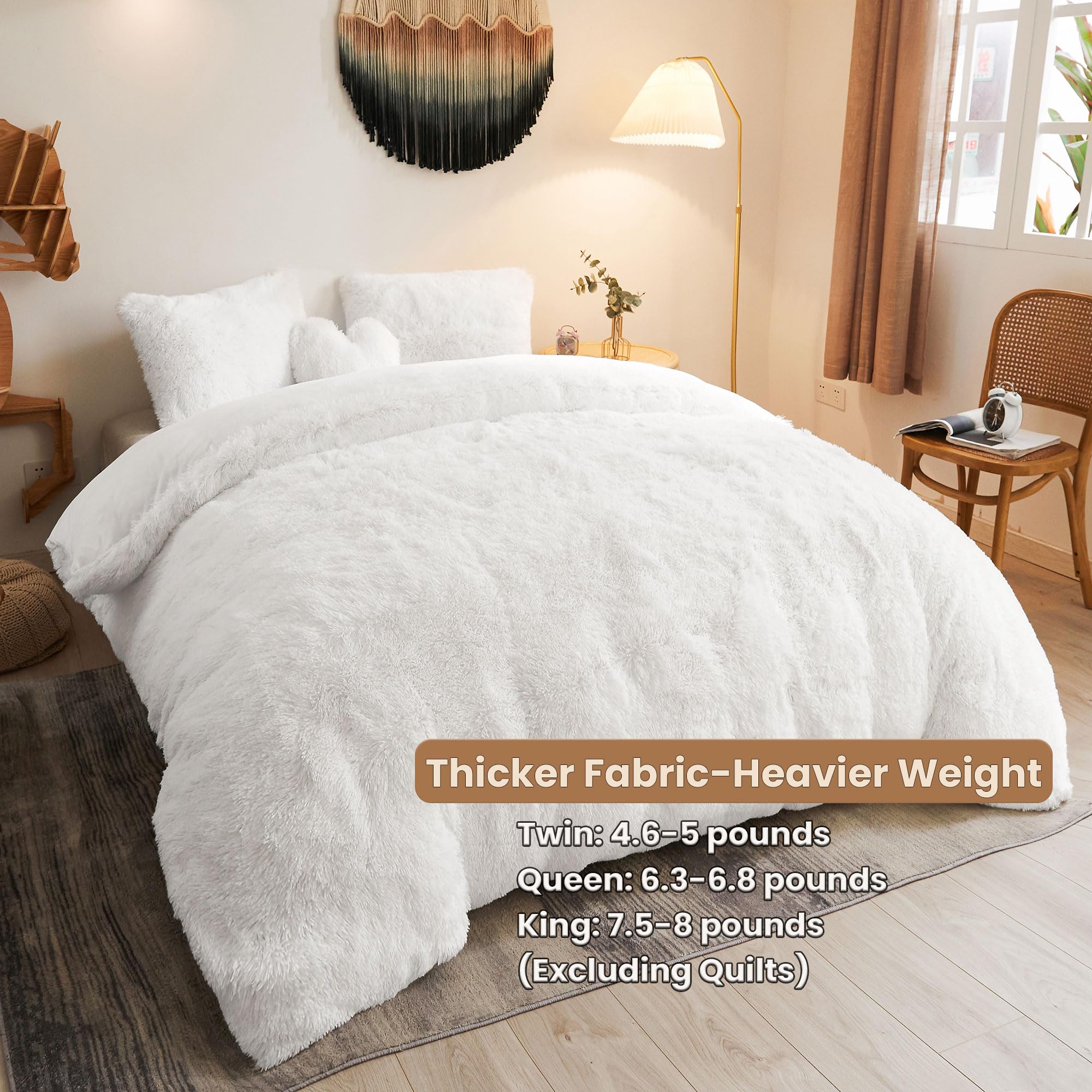 Luxury Shaggy Plush Duvet Cover Set - Soft 3-Piece Fluffy Faux Fur Comforter Cover with Zipper Closure, Fuzzy Velvet Bedding Set for Queen Size Bed (1 Duvet Cover + 2 Pillowcases) in White - Perfect for Cozy Winter Nights & Stylish Bedroom Decor