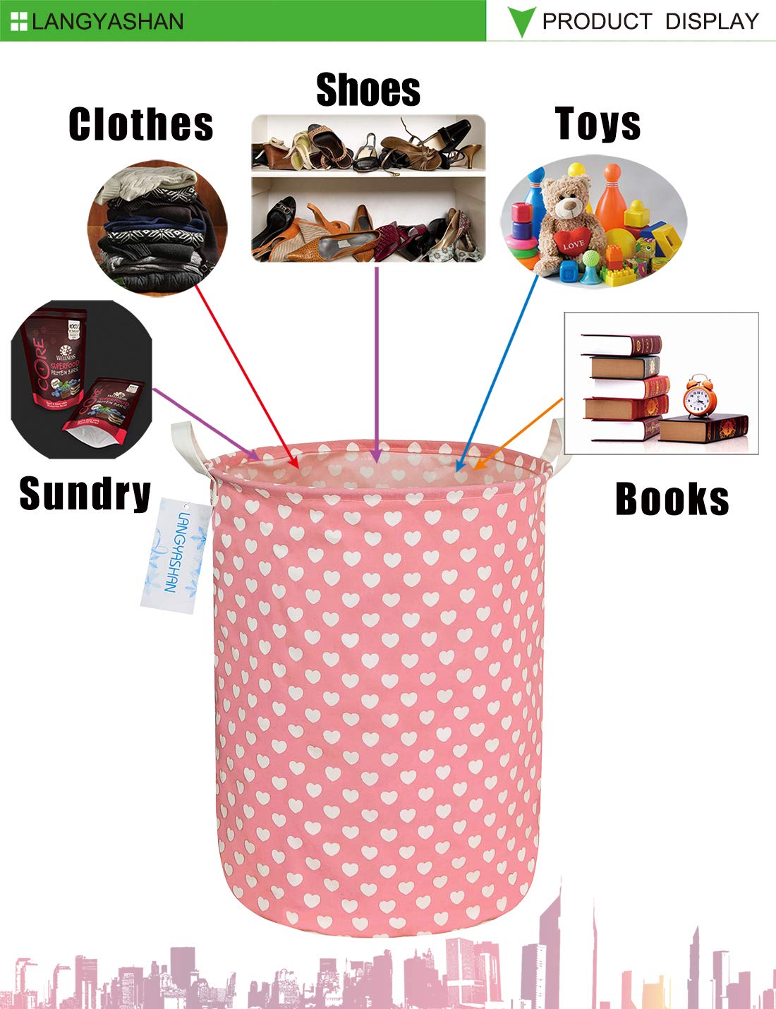 Collapsible Canvas Laundry Basket with Handles - Foldable Storage Bin for Clothes, Toys, and Organizing - Perfect for Nursery, Bedroom, and Kids Room - Pink Heart Design (Great for Laundry, Storage & Gift Giving)