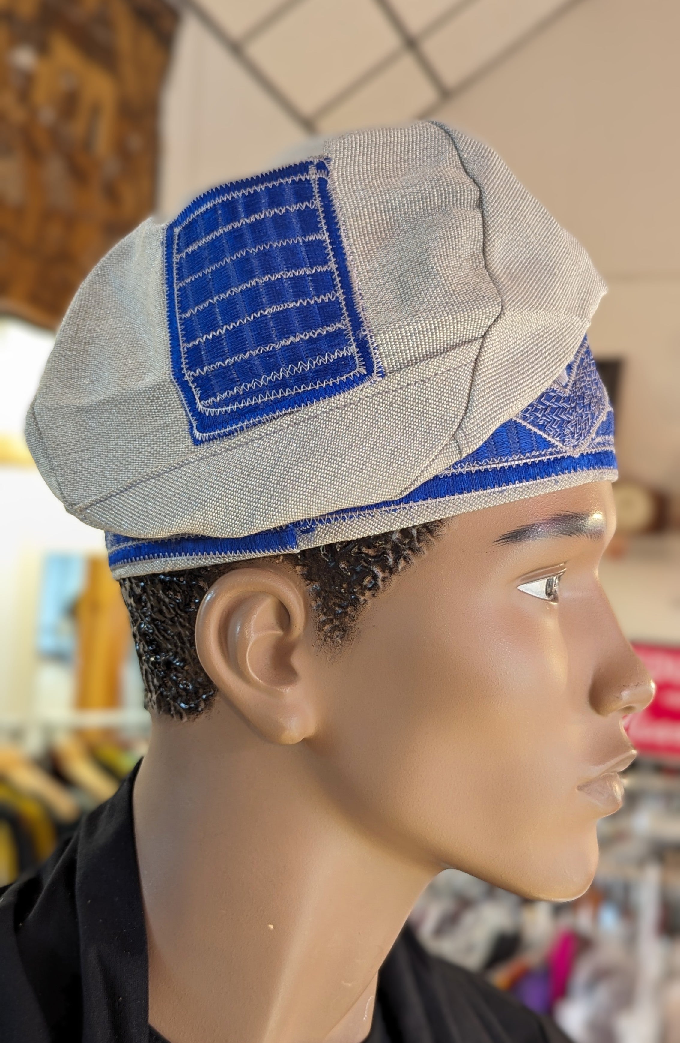 Authentic African Aso Oke Kufi Cap - Silver with Royal Blue Embroidery | Traditional Nigerian Hat for Men | Perfect for Weddings, Cultural Events & Special Occasions
