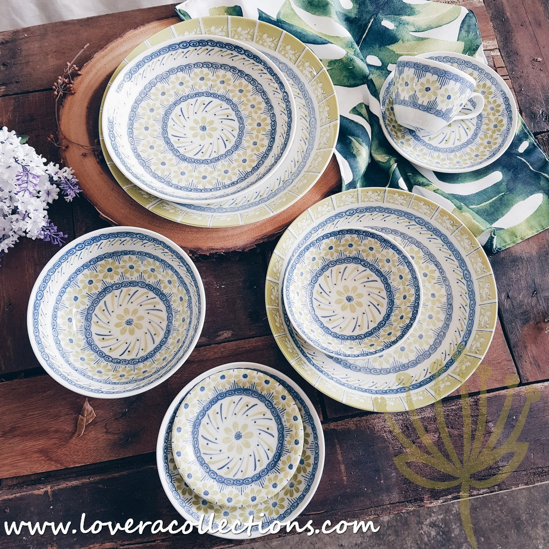 Awasaka Japan Green & Blue Daisy Tea & Dinnerware Set - Elegant Japanese Ceramic Tableware for Tea Time & Dining - Perfect for Home, Restaurants & Gifts