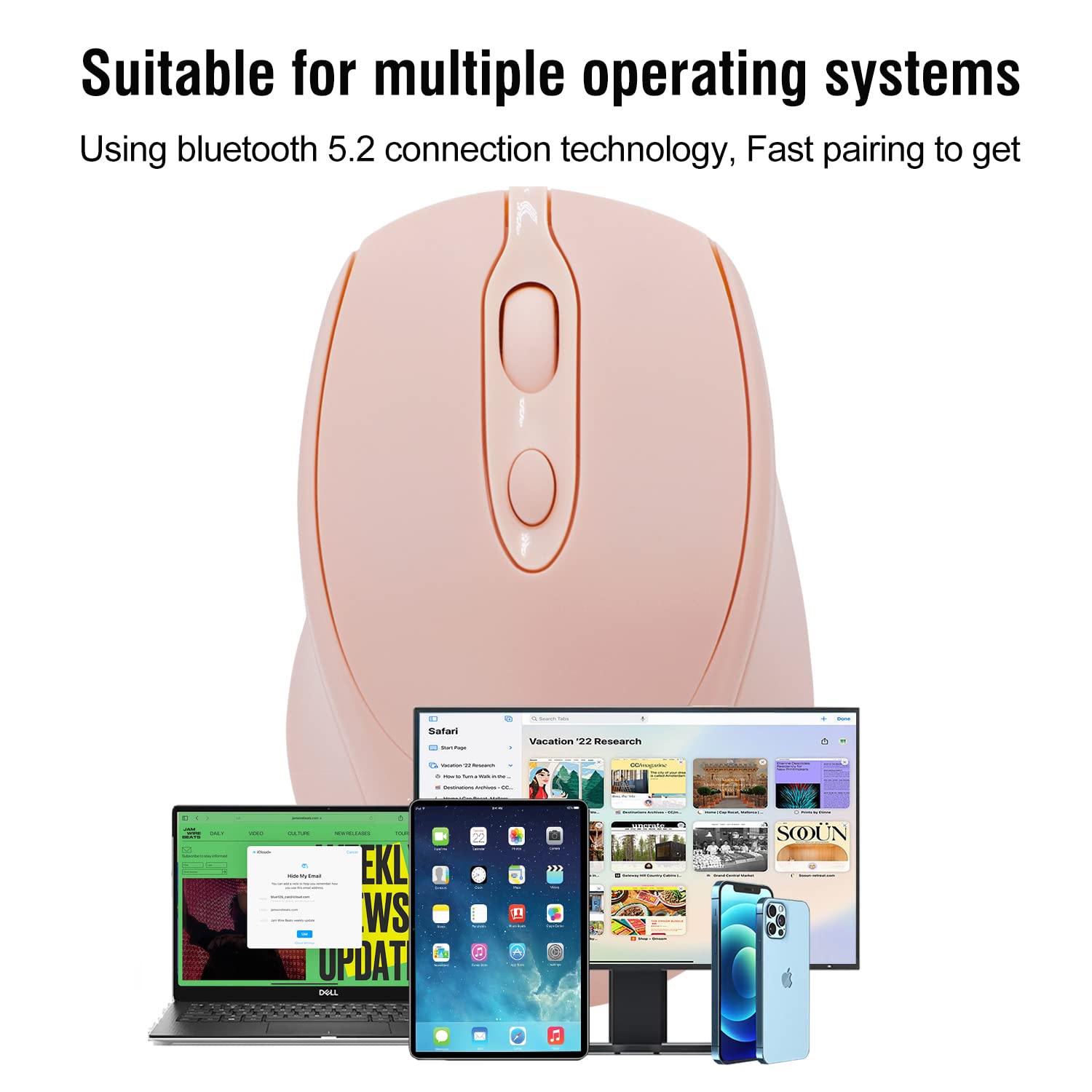 Wireless Bluetooth Mouse Rechargeable, Silent Click Slim Portable Mouse for Laptop iPad MacBook Pro Air Surface Pro PC Lenovo Samsung Tablet - Perfect for Office Work Travel Home Use (Pink)
