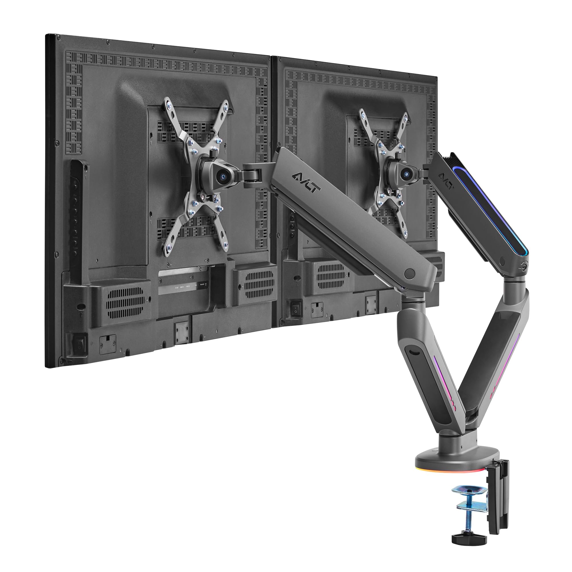 AVLT Dual 27”-43” RGB Gaming Monitor Arm Desk Mount with 20 Lighting Modes & Touch Control - Adjustable Height, Swivel, Tilt for Flat/Curved/Ultrawide Screens - Perfect for Gaming Setup, Home Office & Workstation (Dark Gray)