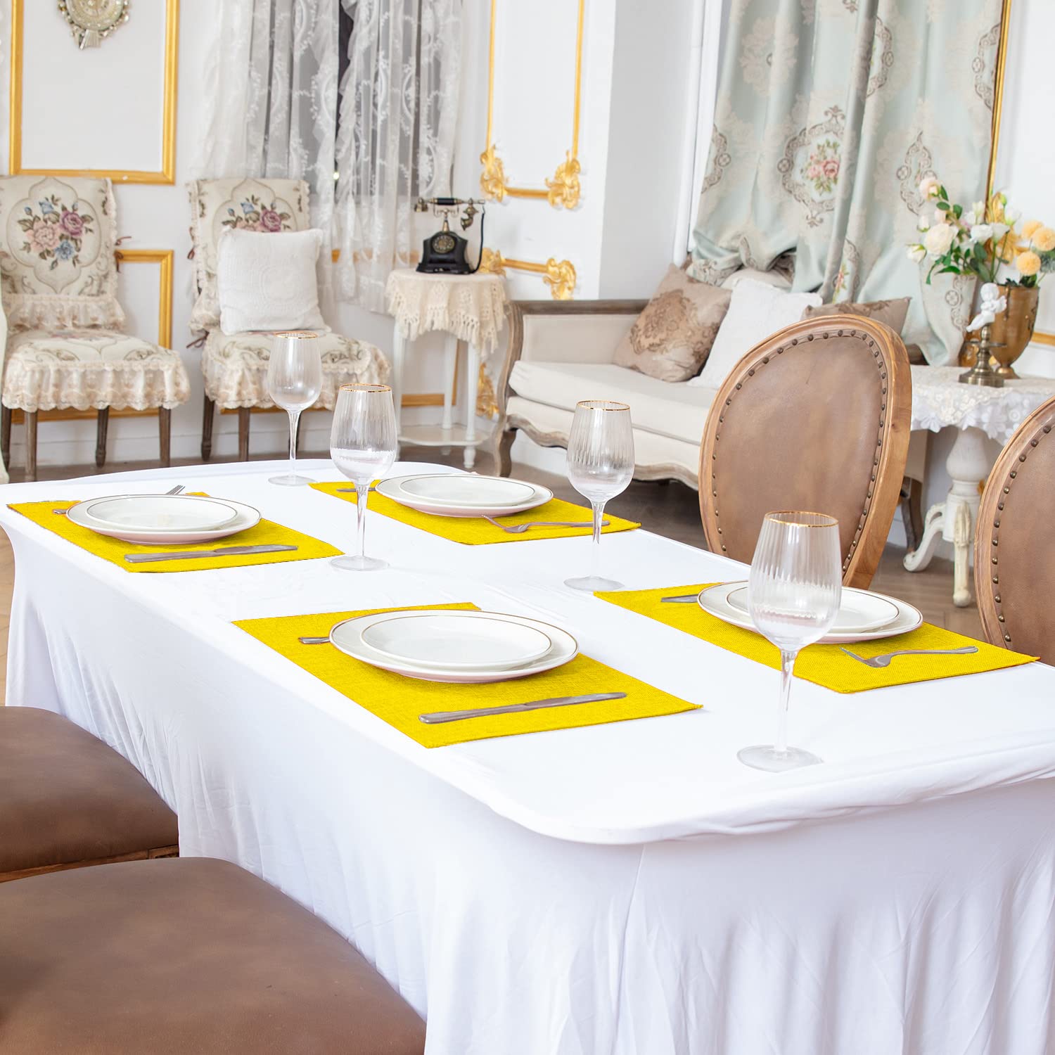 Premium 8-Piece Linen-Like Polyester Placemats Set - Machine Washable, Heat Resistant & Wrinkle-Free Thick Dining Table Mats for Kitchen & Home Decor (Yellow) - Perfect for Everyday Meals, Dinner Parties & Holiday Gatherings