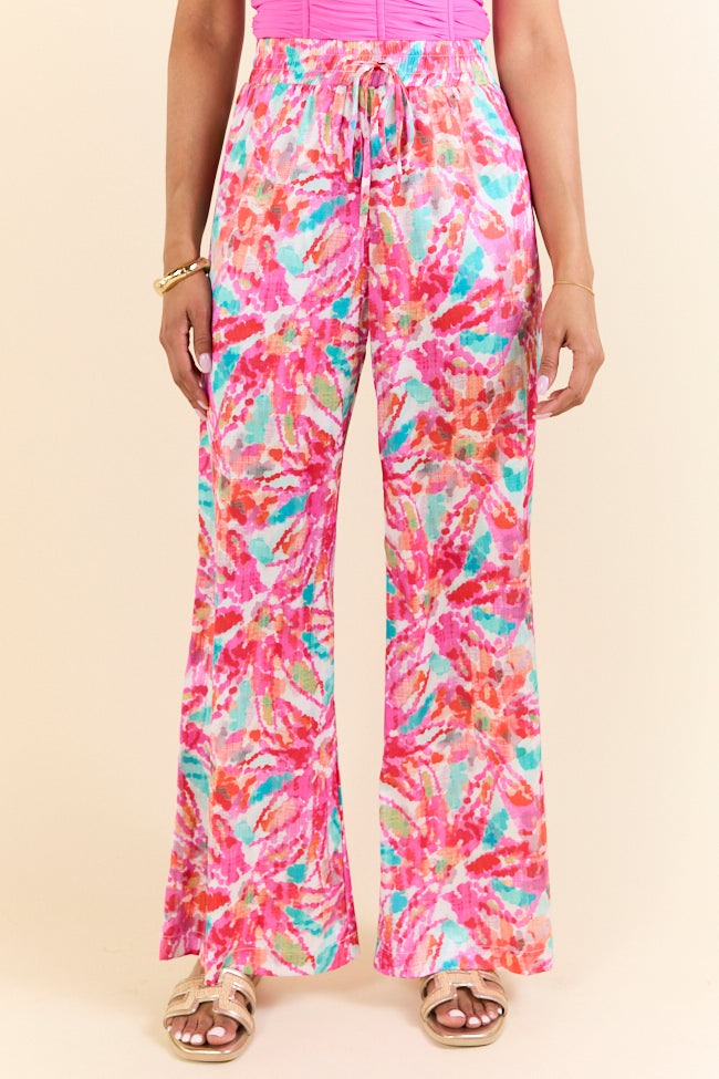 Paddle Out Pink Floral Printed Pull On Pants - Women's Casual Lounge Pants for Yoga, Beach, and Home Comfort