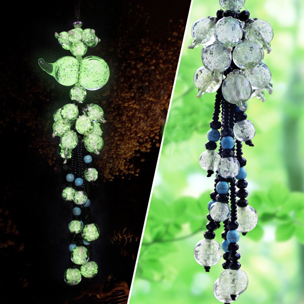 Glow in The Dark Crystal Gourd Car Air Freshener Hanging Charm with Tassel Beads - Nighttime Illumination for Car Interior Decor & Aromatherapy