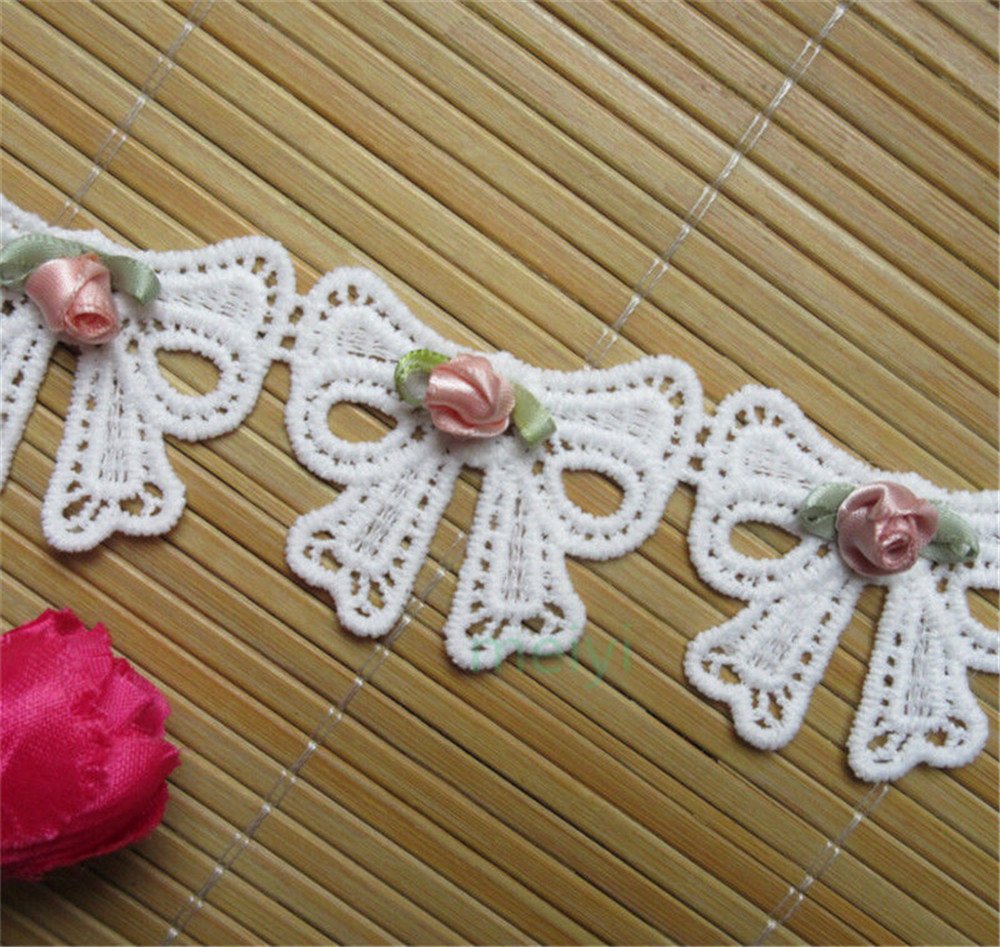 2 Meters Cotton Bowknot Butterfly Bow Lace Trim Ribbon - 45mm Wide Vintage White Embroidered Fabric for Sewing, Craft, Wedding Dresses & Bridal Apparel Embellishment - Perfect for DIY Costumes, Gift Wrapping & Home Decor