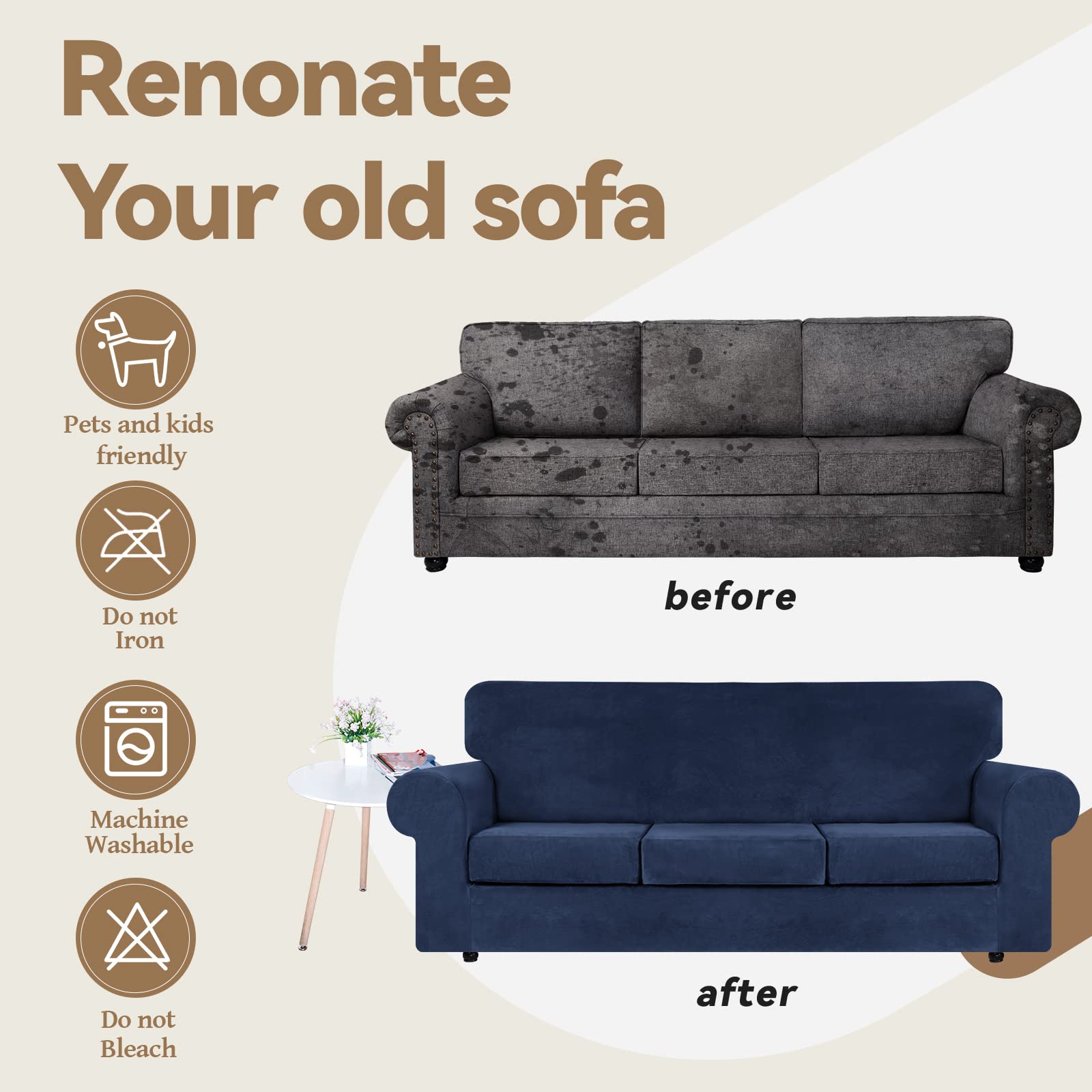 4-Piece Navy Blue Velvet Stretch Sofa Slipcover Set - Soft Plush Washable Couch Cover with Non-Slip Elastic Bottom for 3-Cushion Couches - Perfect for Living Room Furniture Protection & Home Decor Upgrade
