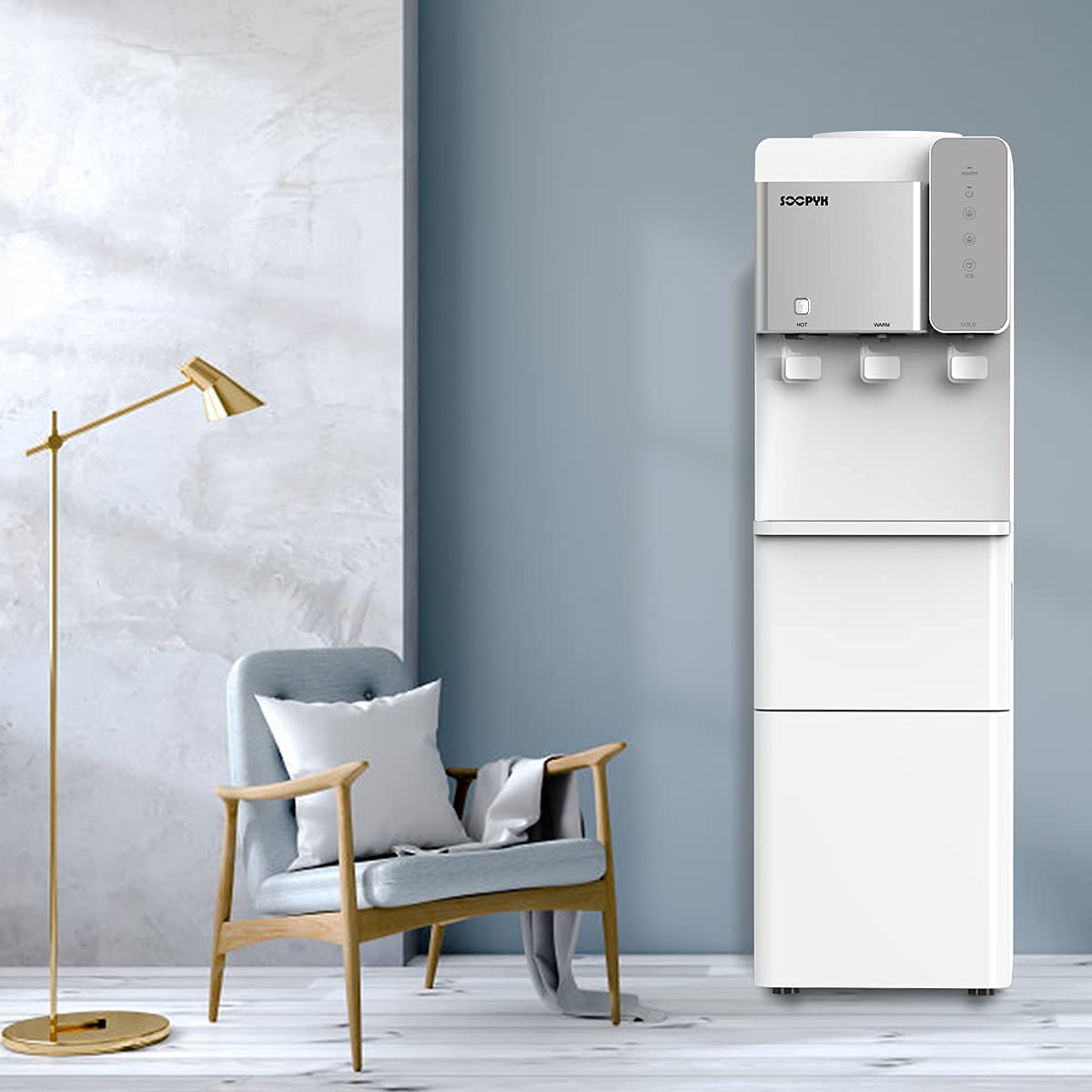 Top Loading Water Cooler Dispenser with Ice Maker - 3/5 Gallon Capacity, 3 Temperature Settings, 27 lbs Ice Production in 24 Hours, Makes 9 Ice Cubes Every 5-7 Minutes (White) - Perfect for Offices, Homes, and Commercial Spaces