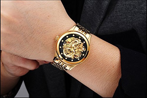 3D Golden Dragon Hollow Automatic Men's Watch - Waterproof Luxury Wristwatch with Diamond Hour Markers - Perfect for Formal Events, Business Meetings & Special Occasions