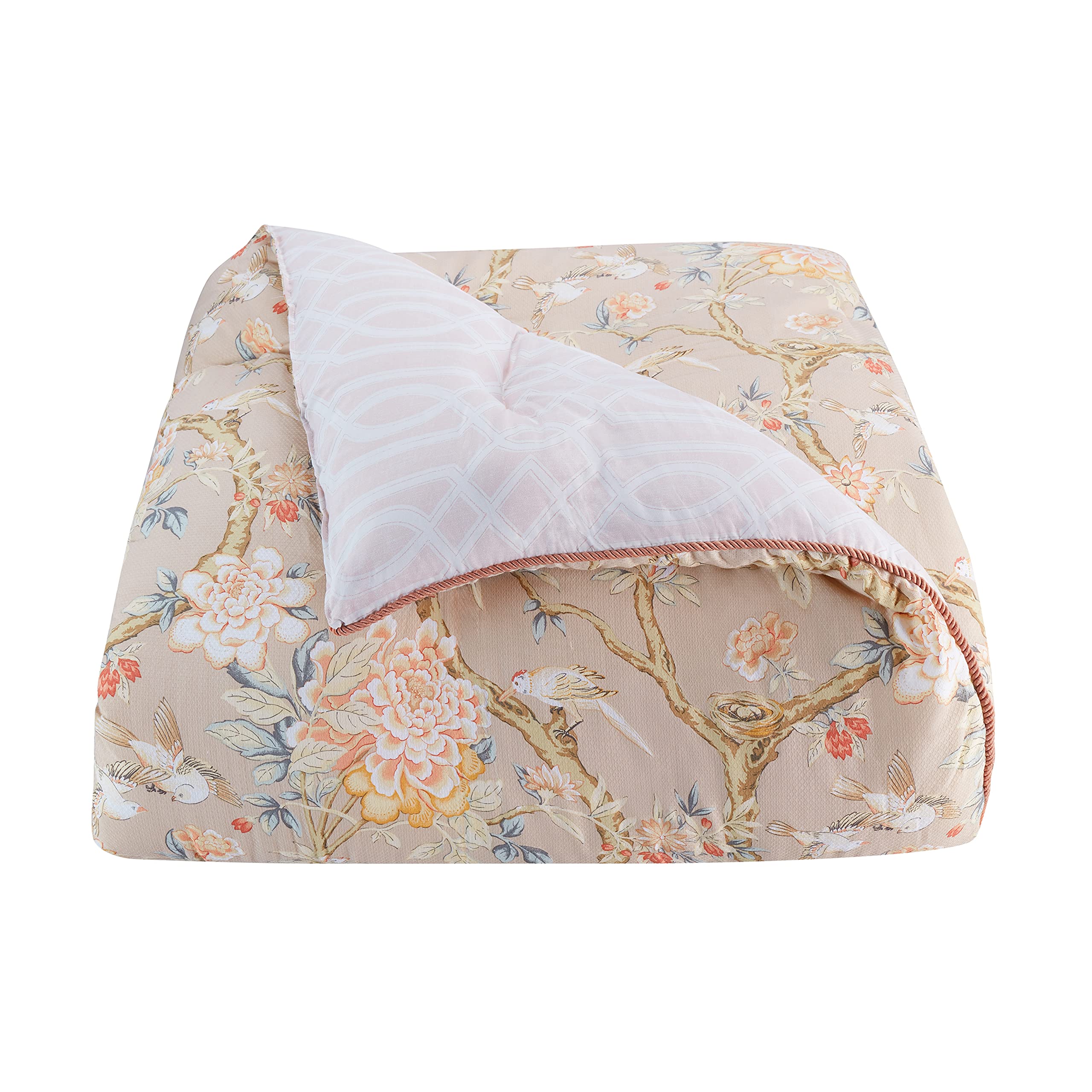 Waverly Peony Gardens 4-Piece King Cotton Comforter Set - All Season Embellished Bedding with Comforter, Bed Skirt & 2 Pillow Shams - Machine Washable Taupe - Perfect for Master Bedroom, Guest Room & Luxury Hotel Decor