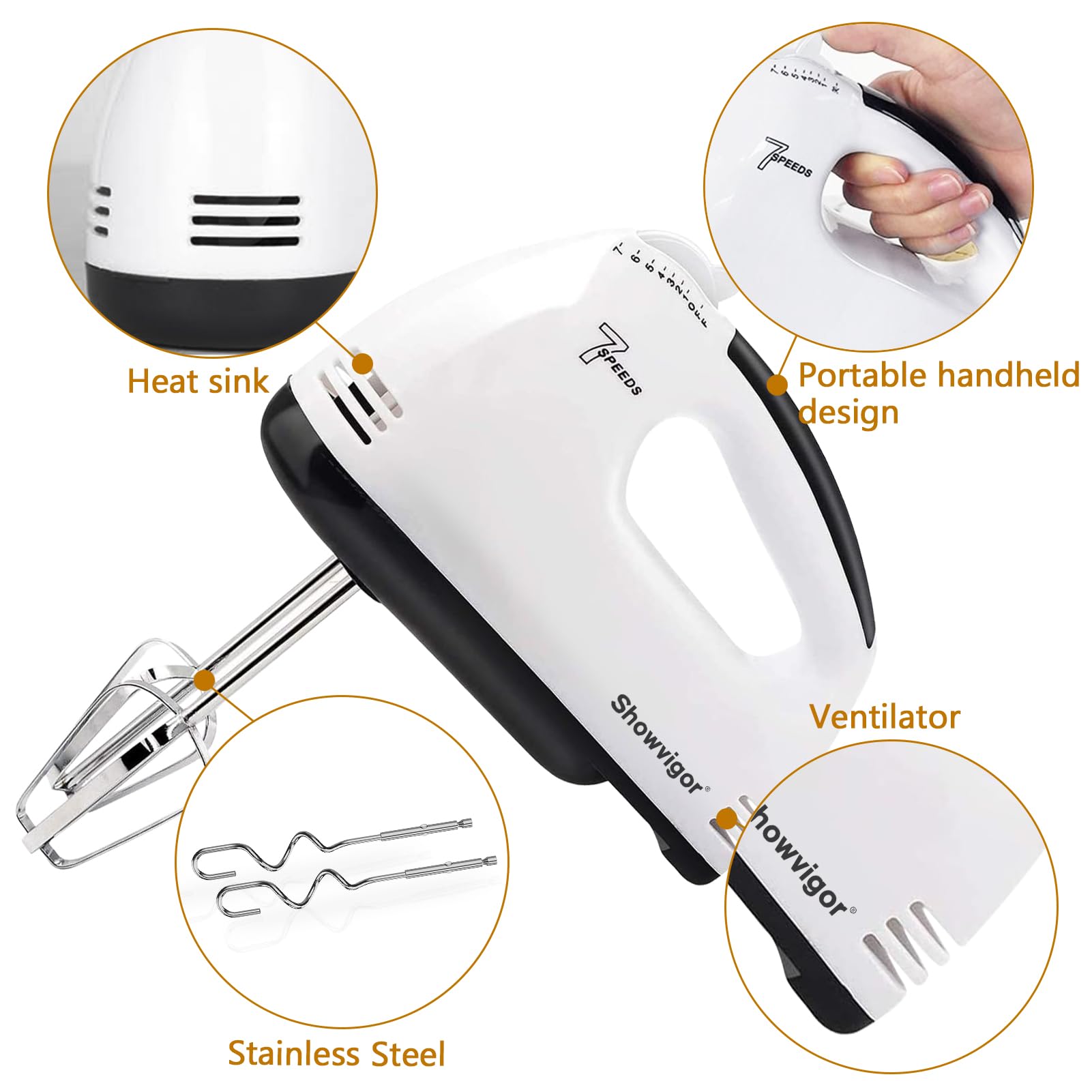 7-Speed Electric Hand Mixer with 5 Stainless Steel Attachments - Portable Handheld Kitchen Mixer for Whipping, Mixing Cookies, Cakes, Eggs & Dough | Perfect for Baking, Cooking & Meal Prep at Home