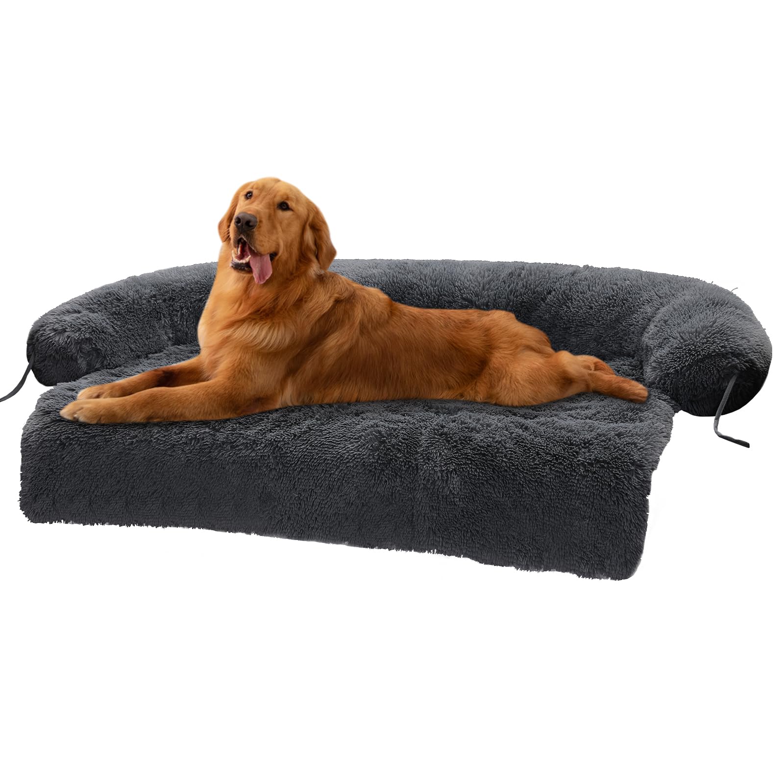 Large Washable Fluffy Plush Dog Bed for Couch - Furniture Protector Mat for Dogs Up to 100 Lbs, Dark Grey - Perfect for Living Room Sofa Protection & Pet Comfort