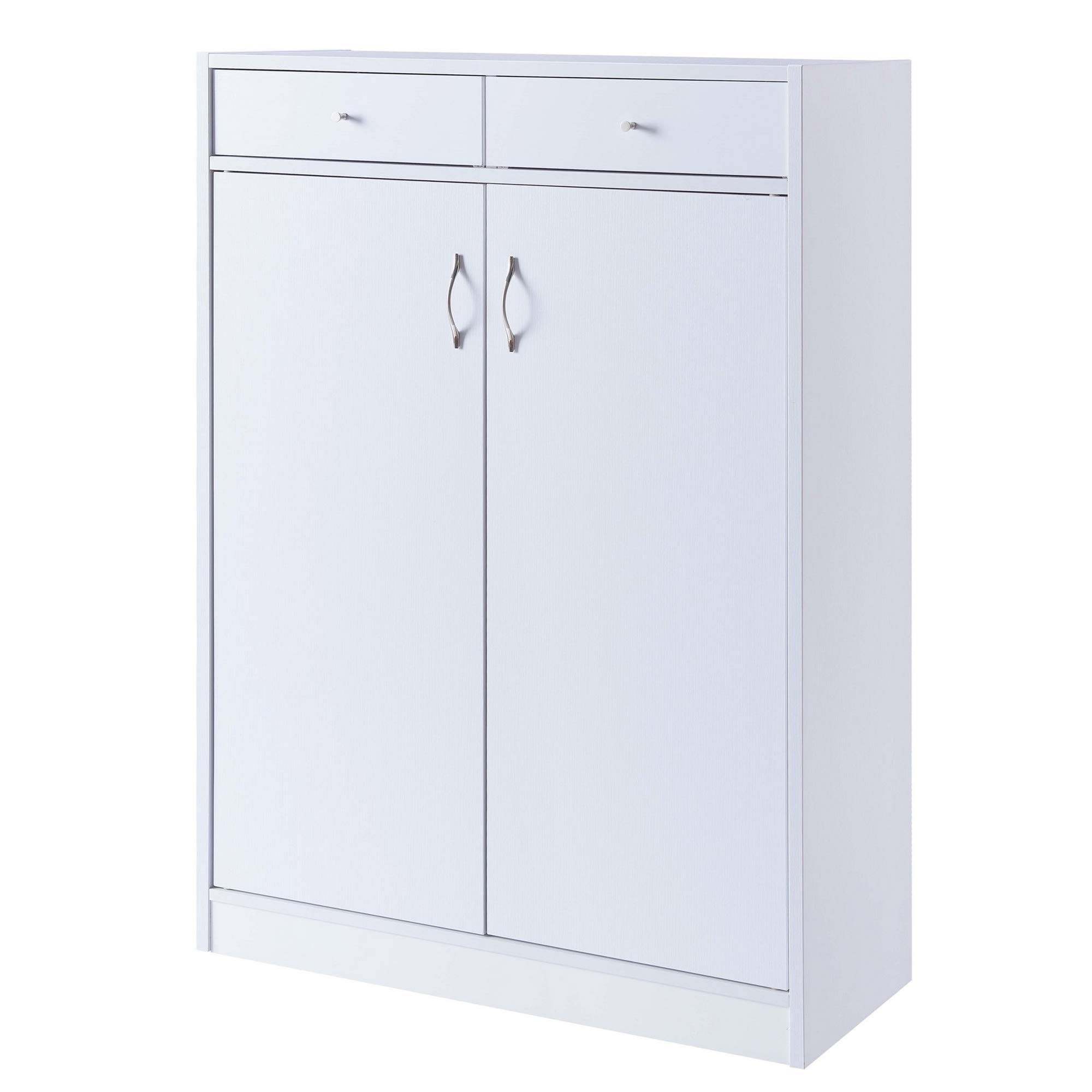 Benjara 47 Inch White Wooden Shoe Cabinet with 2 Doors - Space Saving Entryway Storage Organizer for Hallway, Closet & Mudroom