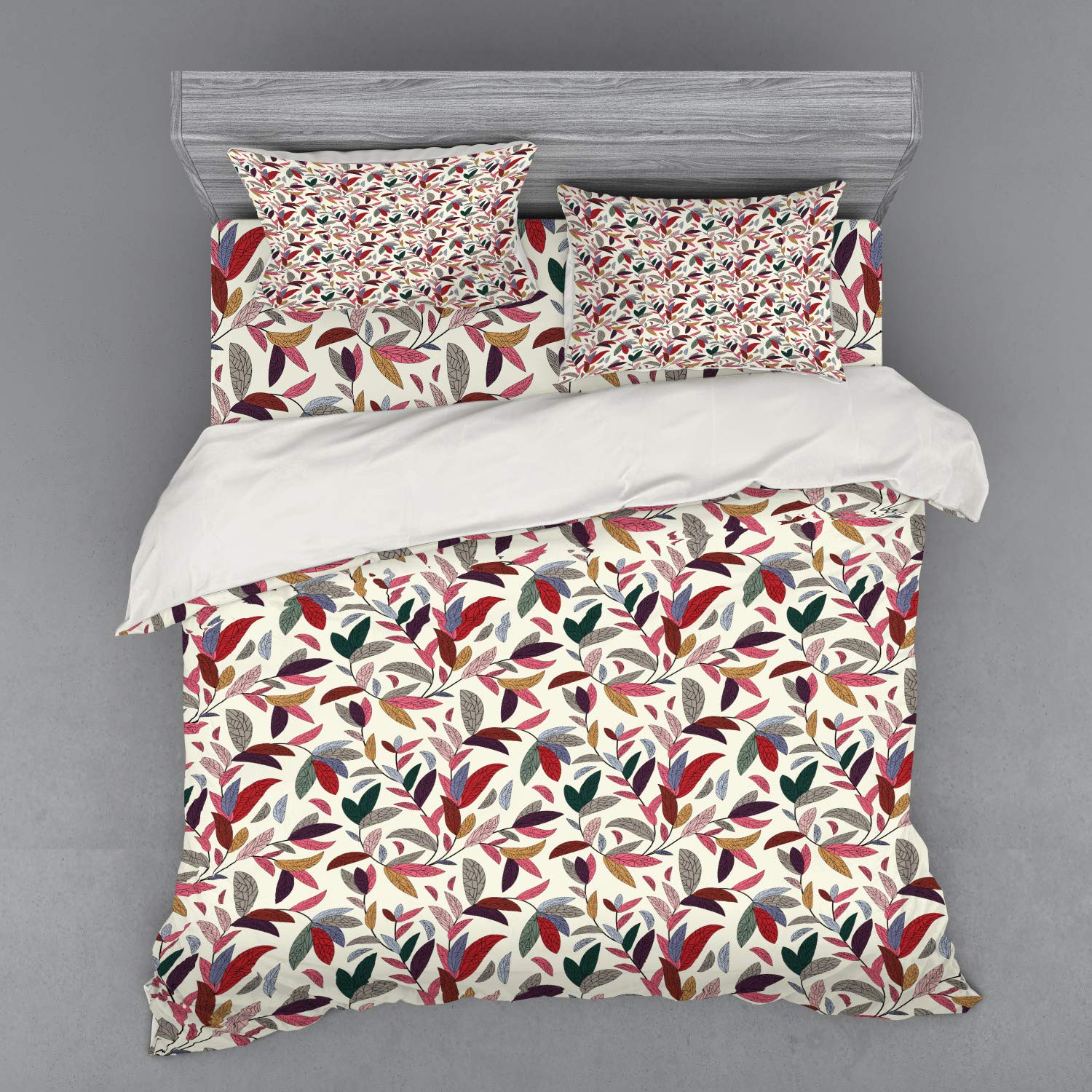 Ambesonne Floral Bedding Set - 4 Piece King Size Duvet Cover with Shams & Fitted Sheet, Modern Hand-Painted Leaf Swirl Design on Cream Background | Perfect for Master Bedroom, Guest Room & Boho Home Decor