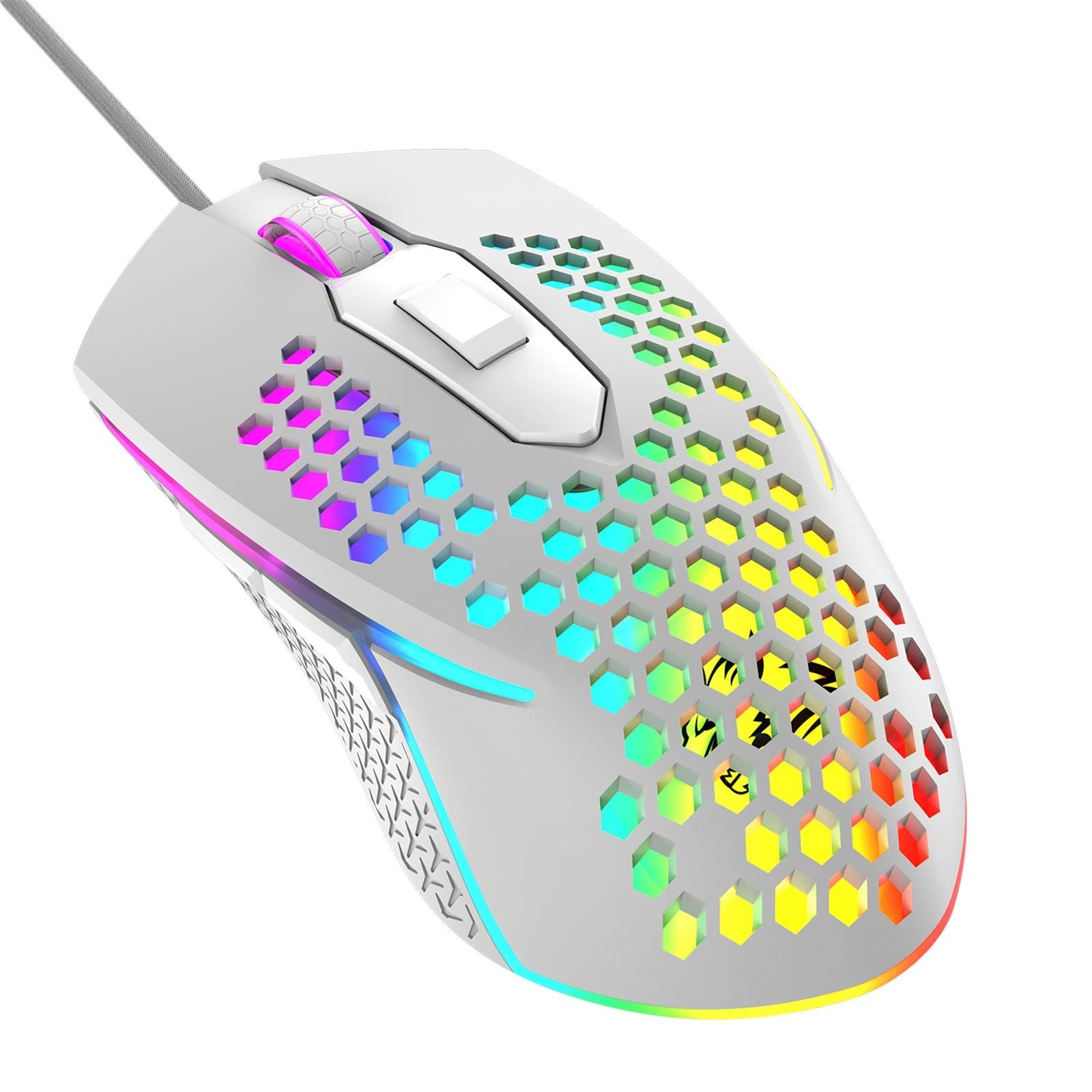 Boddenly RGB Honeycomb Gaming Mouse - 3200 DPI Wired USB Computer Mouse with Colorful Lighting - Ergonomic Design for PC & Laptop Gamers (White) - Perfect for FPS, MOBA & Office Work