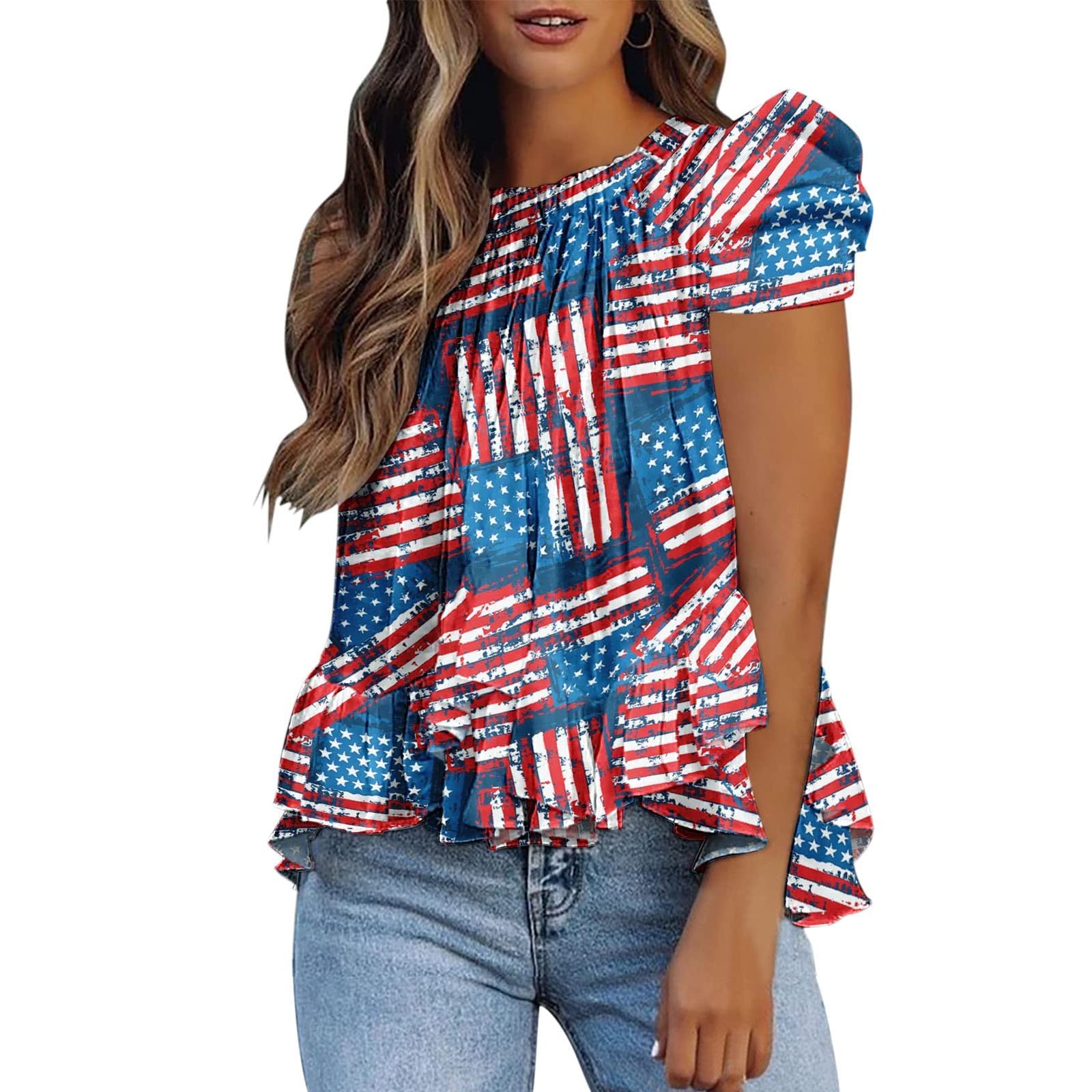 Women's 4th of July Blouse - Short Sleeve Round Neck Printed T-Shirt for Independence Day Celebrations, BBQ Parties & Summer Outfits