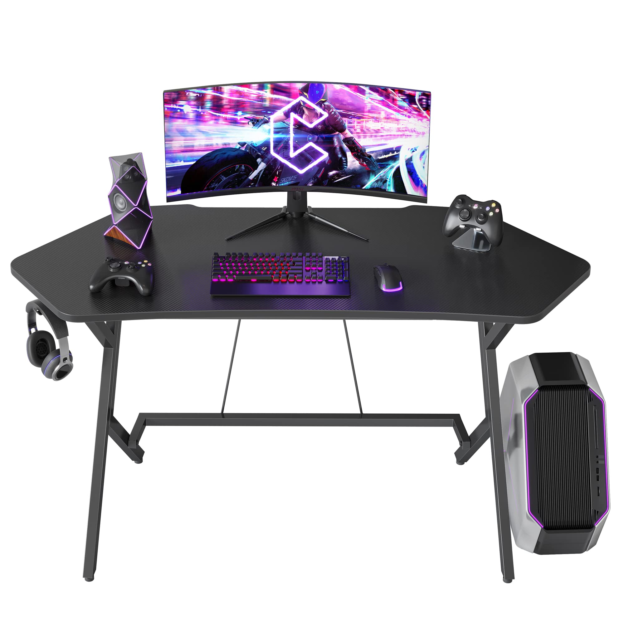 CubiCubi Luna 55 Inch Gaming Desk - Carbon Fiber Surface PC Computer Table with Cable Tray & Headphone Hook | Ergonomic Workstation for Home Office, Streaming & Esports Gaming Setup